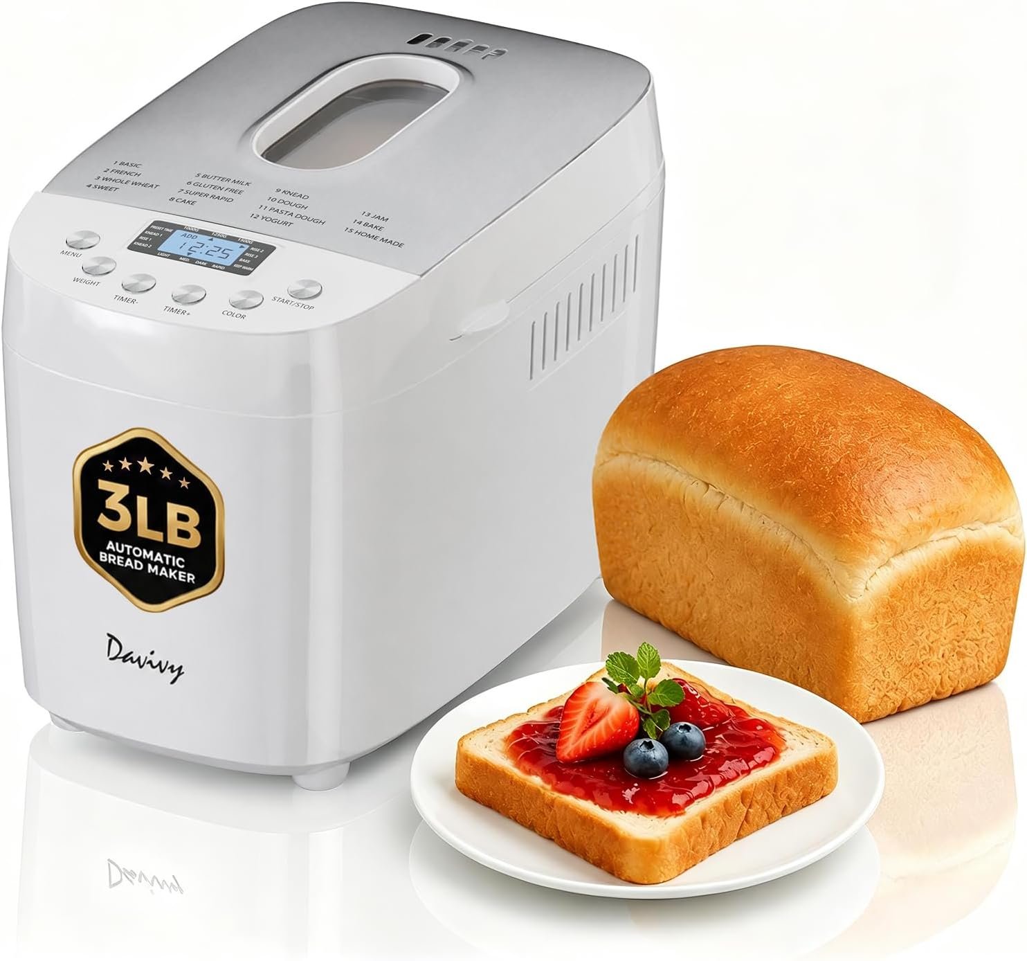 Davivy 3LB Bread Maker, 15 Preset Programs with 4 Quick Mode, 15H Delay Timer & Keep Warm, 3 Loaf Sizes & 3 Crust Shades, Gluten-free, Homemade Bread, Dough, Cake, Yogurt & Jam