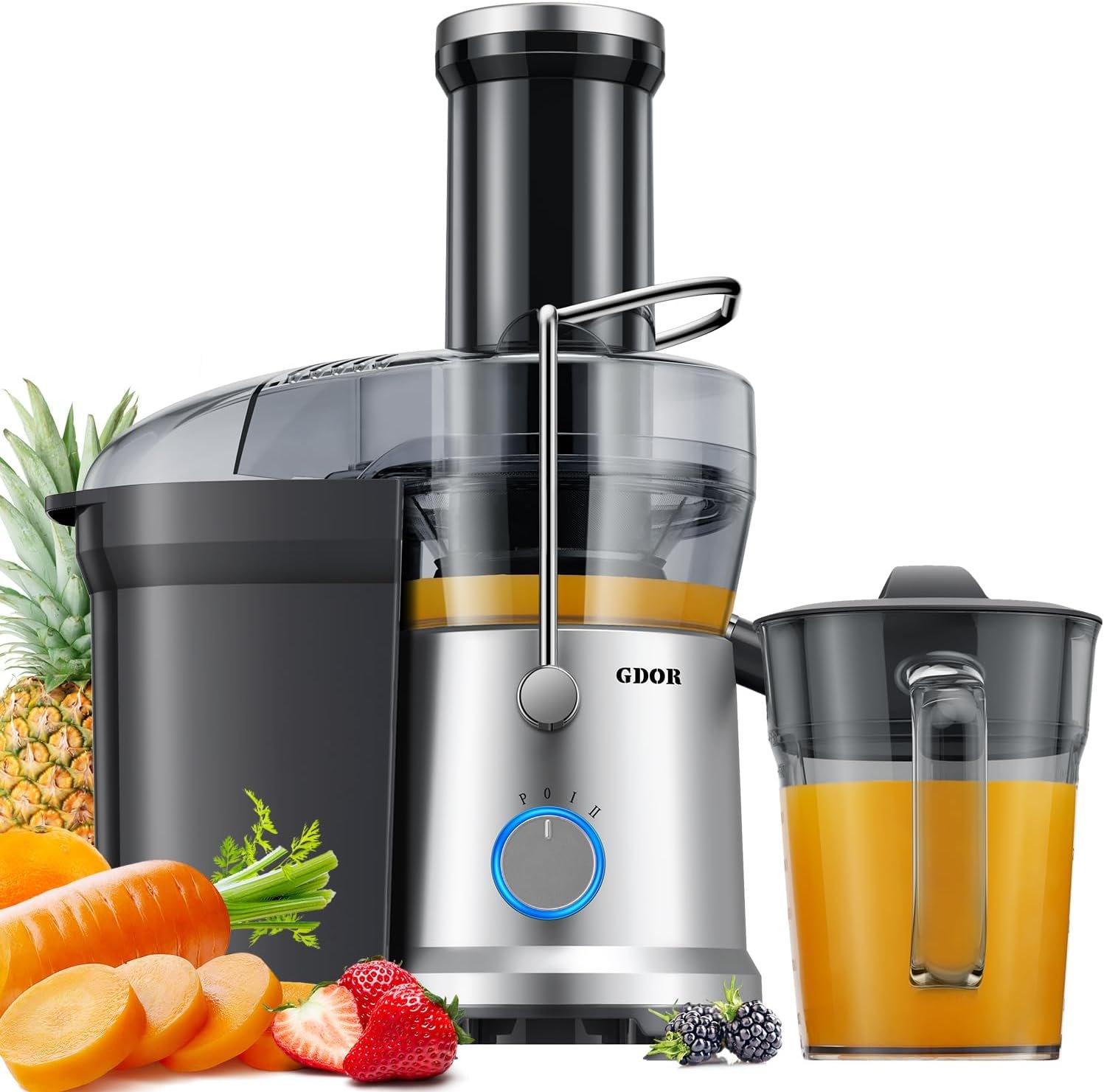 GDOR 1200W Juicer Machines with Larger 3.2″ Feed Chute, 45oz Large Juice Jug, Centrifugal Juice Extractor Maker with Titanium Enhanced Cutting System, Dual Speeds, BPA-Free, Silver