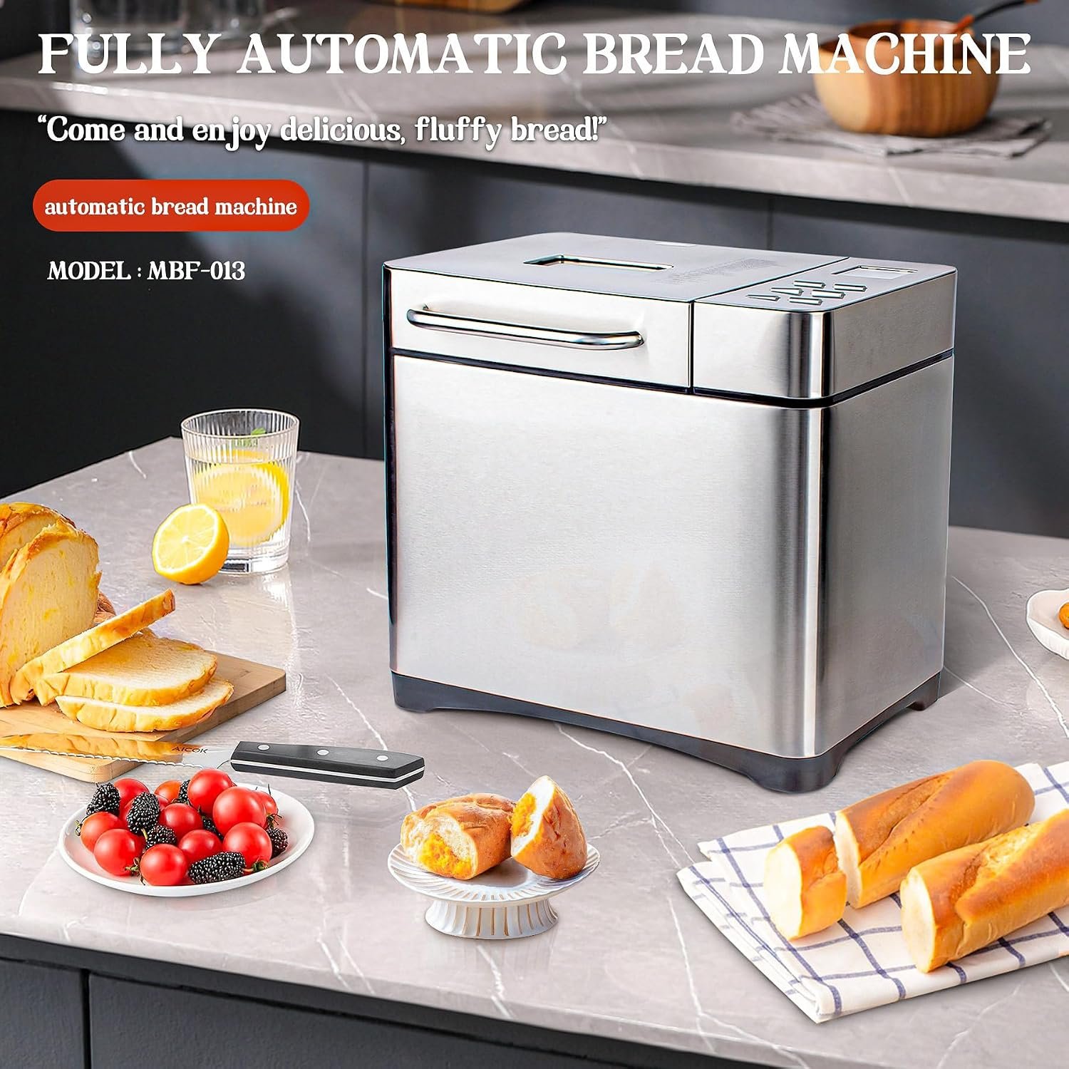 Bread Maker Machine with Ceramic Nonstick Pan, 17 Menus, 2 Pound Stainless Steel Breadmaker, Gluten Free, Sourdough Starter, Custom Setting