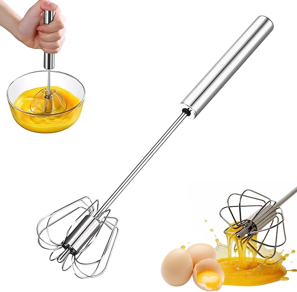 Stainless Steel Semi-Automatic Egg Whisk, Hand Push Rotary Whisk Blender, Manual Egg Beater Mixer, Kitchen Whisk for Eggs, Cream, Batter, Sauce Mixing Tool (10in)