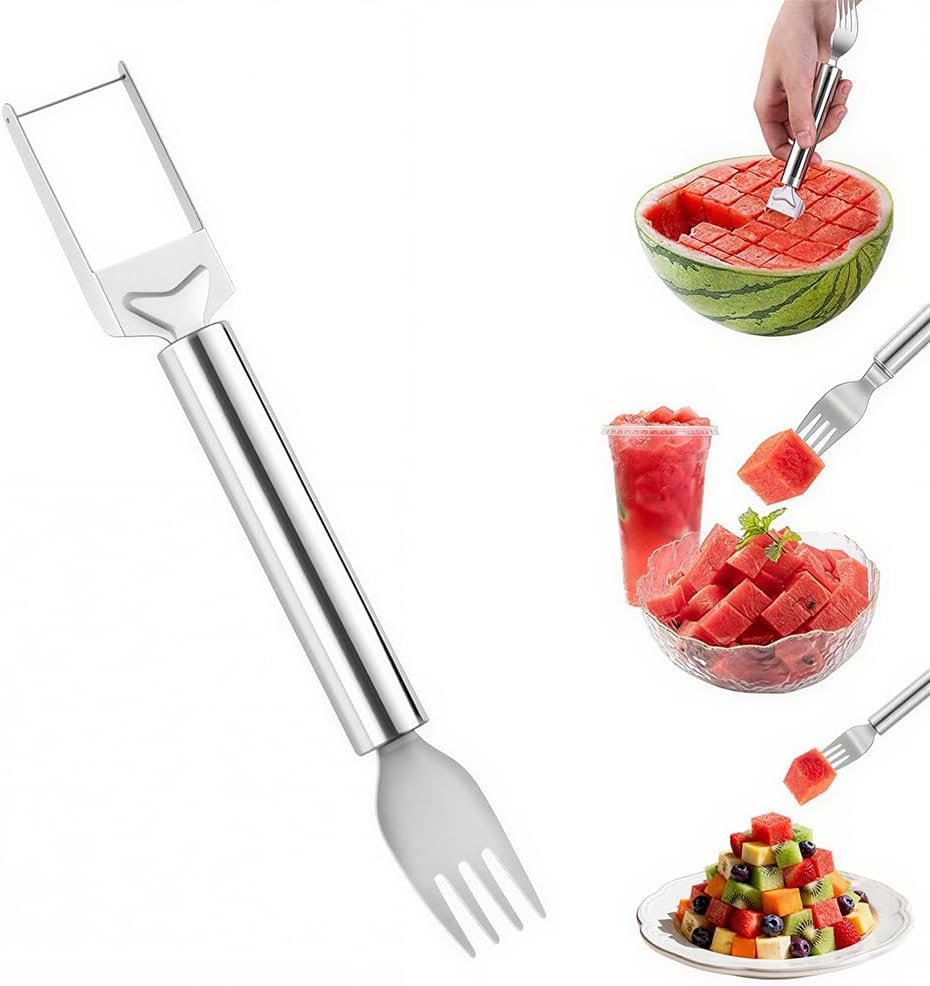 2-in-1 Stainless Steel Fruit Cutter, Watermelon Fork Slicer Tool, Watermelon Slicer and Fork, Dual Head Knife with Round Handle for Kitchen Fruit Cubes (1 Piece)