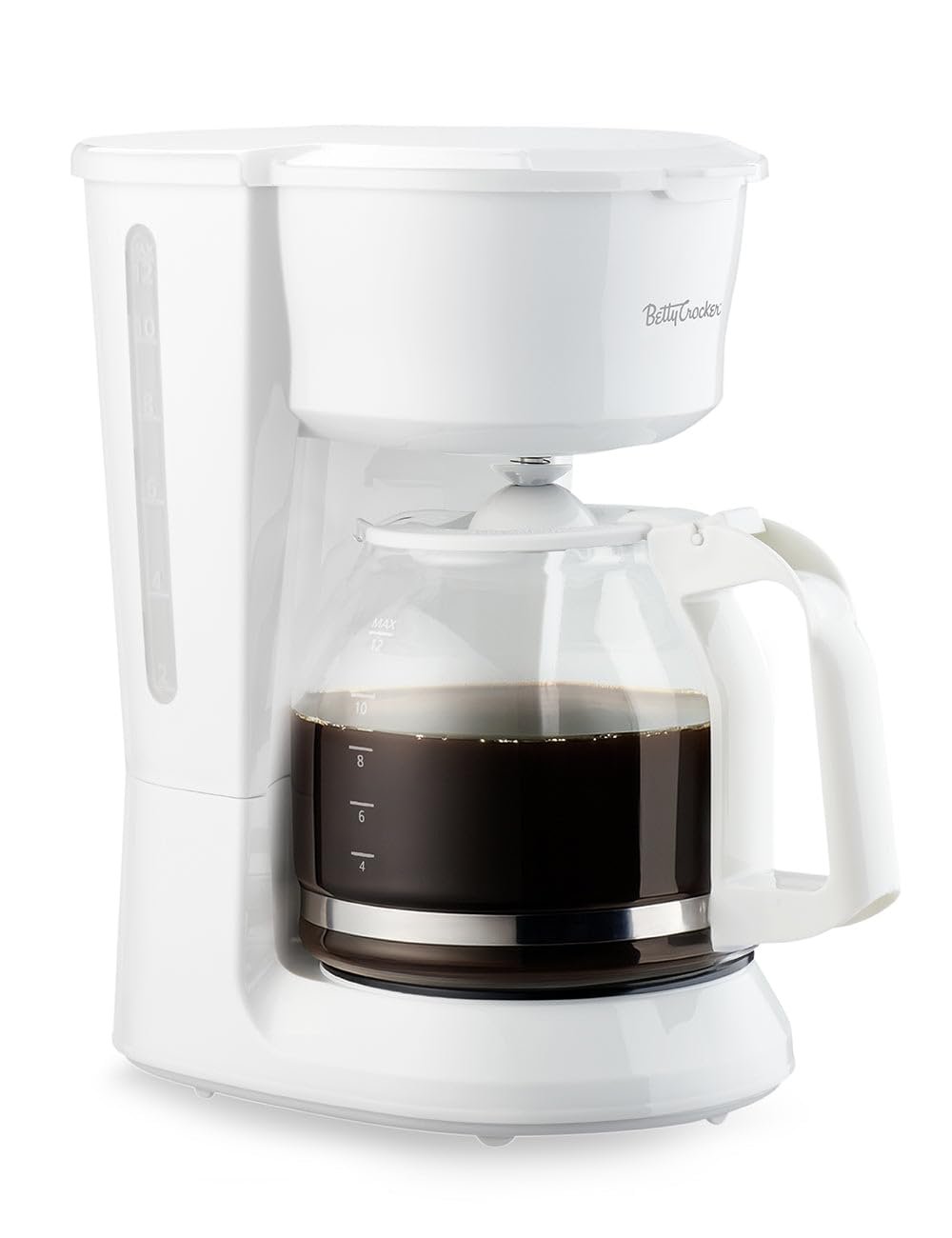 Betty Crocker 12-Cup Drip Coffee Maker with Heat Resistant Glass Carafe, Removable Permanent Nylon Filter, Pause & Pour, Water Level Gauge, Non-Stick Warming Plate, BC-5729W, White