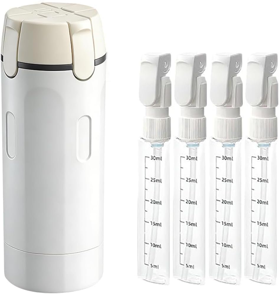 4 in 1 Travel Dispenser, Travel Bottles for Toiletries, Squeeze Leak Proof Dispenser Bottles with Scale and Label for Shampoo Lotion Shower Gel, Suitable for Travel, Camping and Gym(1 PC, White)