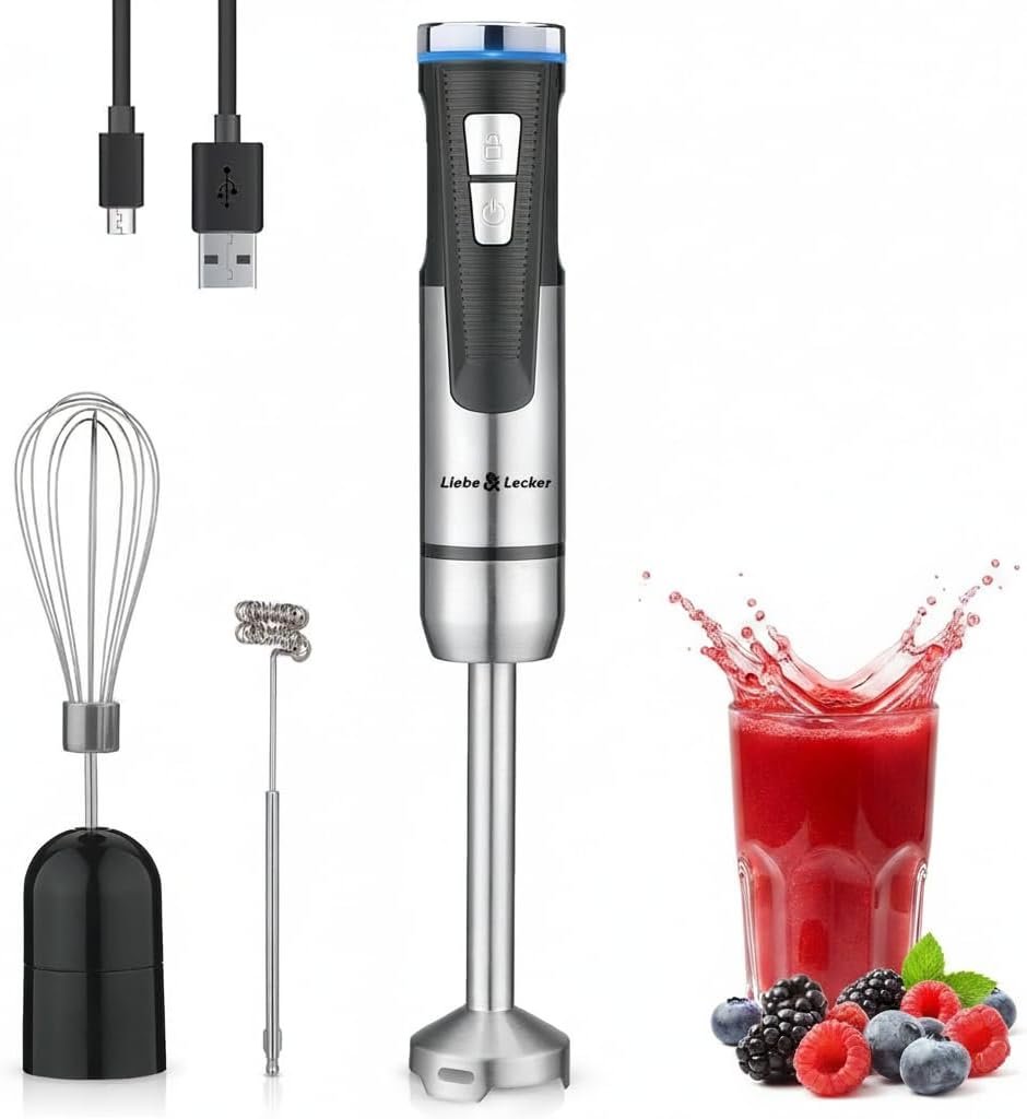 Liebe&Lecker Cordless Immersion Blender, 3-in-1 Handheld Stick Blender | Rechargeable Electric Mixer Set with Whisk & Milk Frother, 8-Speed Hand Blender for Shakes, Soups, Coffee, Zero BPA (Black)