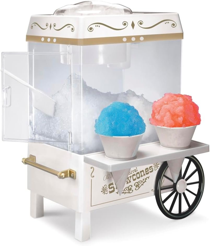 Nostalgia Snow Cone Shaved Ice Machine – Retro Table-Top Slushie Machine Makes 20 Icy Treats – Includes 2 Reusable Plastic Cups & Ice Scoop – White