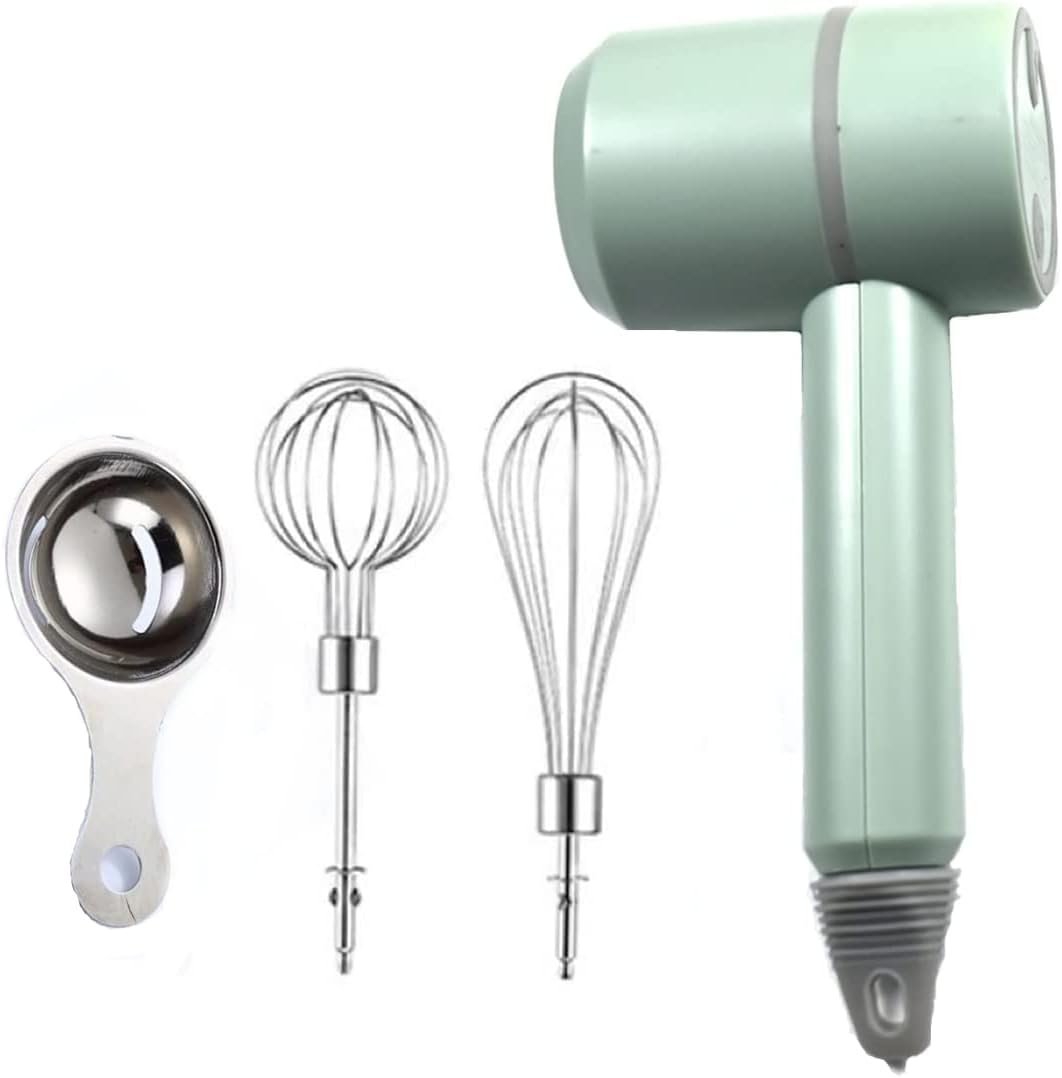 Hand Mixer, Portable Electric Cordless Handheld Mixer, 3-speed Usb Rechargeable with Twin Mixer Whips and Egg Separator for Butter, Cream,Kitchen Baking and Cooking (Green)