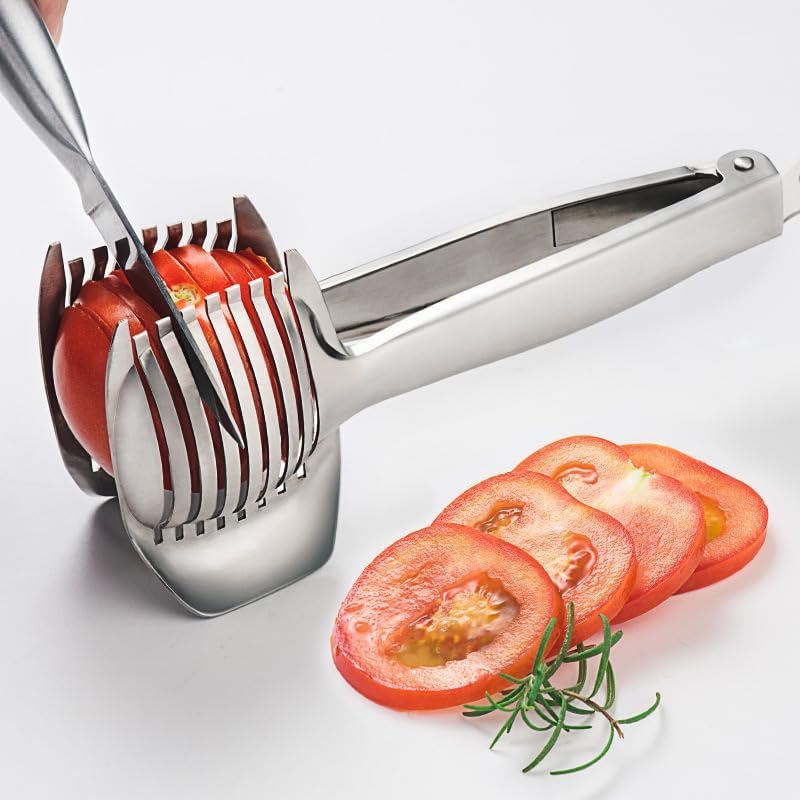 Aluminum Alloy Tomato & Lemon Slicer Holder – Manual Fruit and Onion Cutter Tool with Handle, Vegetable Cutting Tongs, Kitchen Gadget for Perfect Slices, Tomato Separate Segment Holder