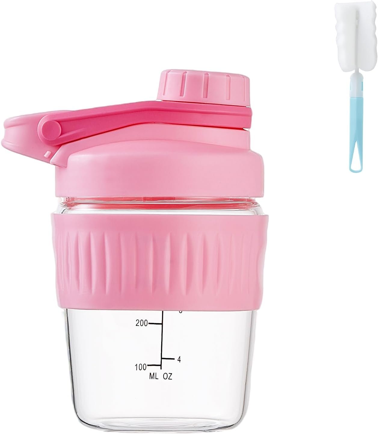 12oz Glass Shaker Bottle for Protein, Small Borosilicate Glass Protein Powder Leak-Proof Shaker Cup Mixes with 304 Blending Ball(12oz,Pink)