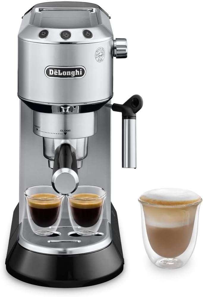 De’Longhi Dedica Espresso Machine with Manual Milk Frother, 15-Bar Pump & Adjustable Tray – Home Barista Coffee Maker for Espresso, Latte, Cappuccino & Iced Coffee – Italian Stainless Steel Design