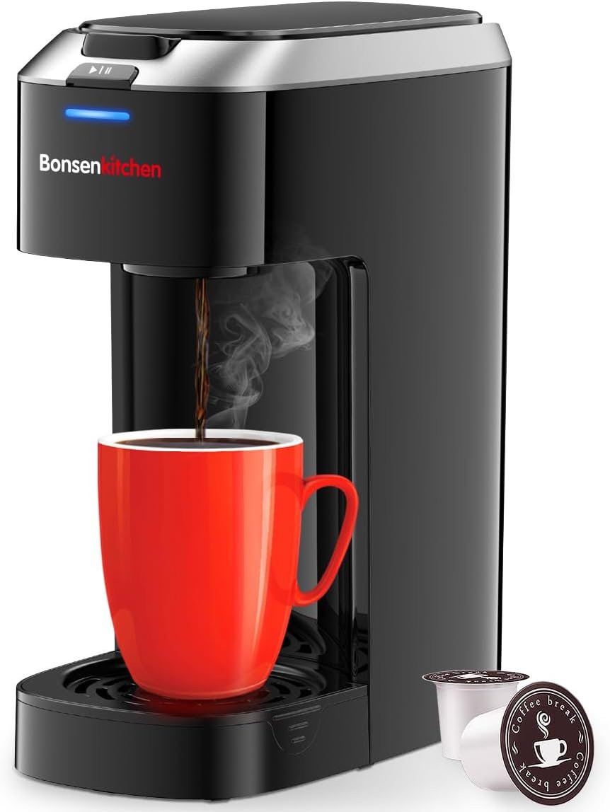 Bonsenkitchen Single Serve Coffee Maker K Cup Pod with 6-14oz Brew Size- 3 Min Fast Brewing Machine with Strength Control, BPA-free Materials, Fits 6.6″ Travel Mugs, Silver, Upgrade