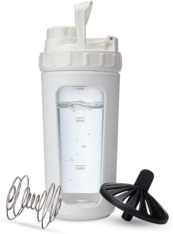 26oz Glass Protein Shaker Bottle, Stainless Steel Mixing Ball & Silicone Sleeve, Odorless, Leak-Proof, BPA-Free, Ideal for Smoothies & Workout Drinks(Frost White)