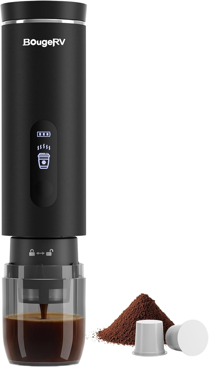 BougeRV Portable Drip Coffee Maker Compatible with K Cup & Ground Coffee, Electric Car Coffee Machine Self-Heating LCD Display USB-C for Travel, Bussiness Trips, Hotel, Camping, Office, Outdoors