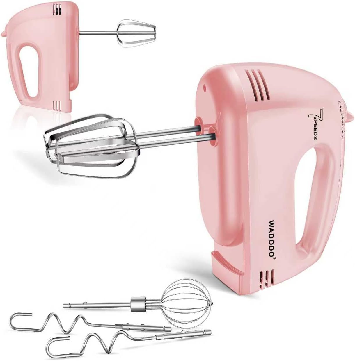 WADODO 7-Speed Electric Hand Mixer – Portable Food Mixer Kitchen Mixer with 304 *(1x Whisk, 2x Beater, 2x Dough hook) for Baking Cakes, Cream, Cookies, LIGHT PINK