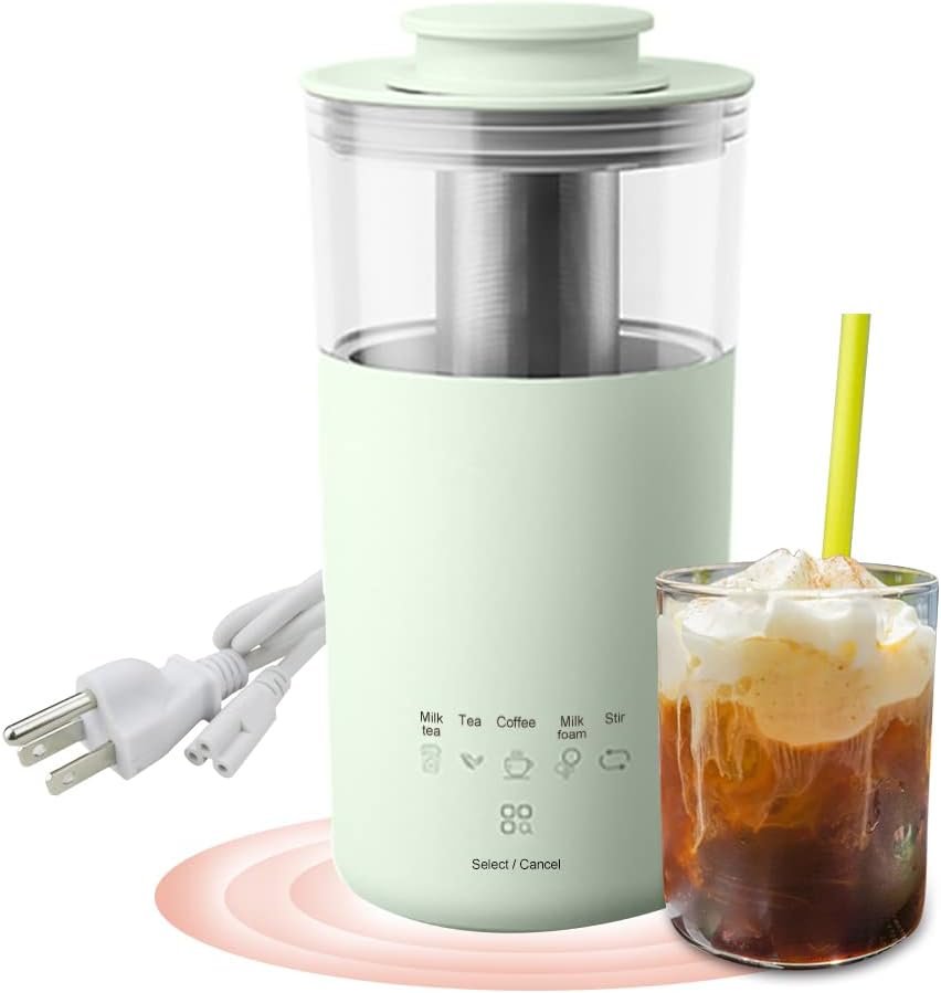 5-In-1 Portable Electric Kettle DIY Drinks, Milk Tea Machine Coffee Maker | 110V Auto Stir Milk Foam Maker 350ML Personal Travel Mug, 7Minutes Fast Boiling – Green