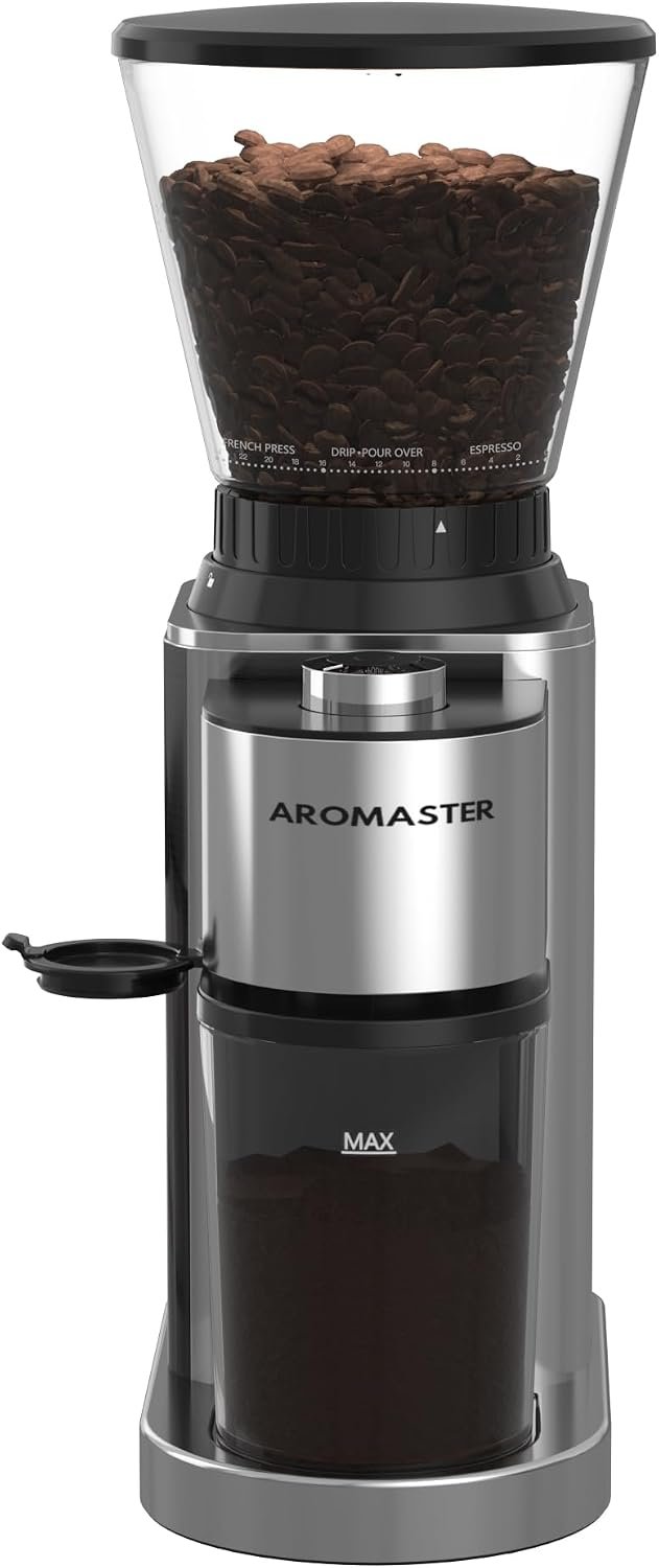 Aromaster Burr Coffee Grinder, Brush Included for Easy Cleaning, 48 Grind Settings, Adjustable Timing