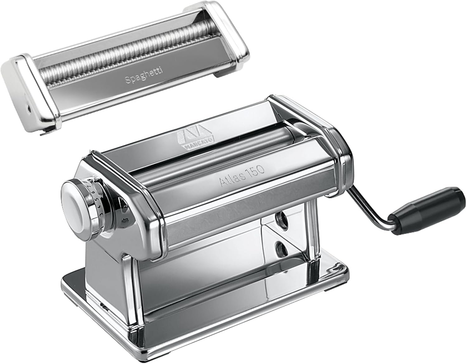 MARCATO Atlas 150 Classic Spaghetti Manual Pasta Maker Machine, Made in Italy, Chrome Steel with Black Hand Crank.Makes Spaghetti & Lasagna