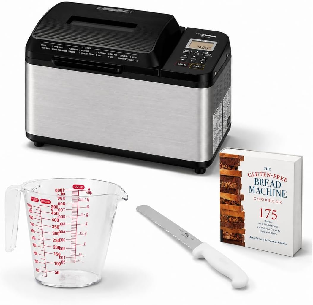 Zojirushi Bread Machine – Bake Artisan Breads with Ease – Dual Heaters – 2 LB Loaf Size – Gluten-Free Settings and More Bundle with 8-inch Bread Knife, Measuring Cup, and Cooking Book (4 Items)