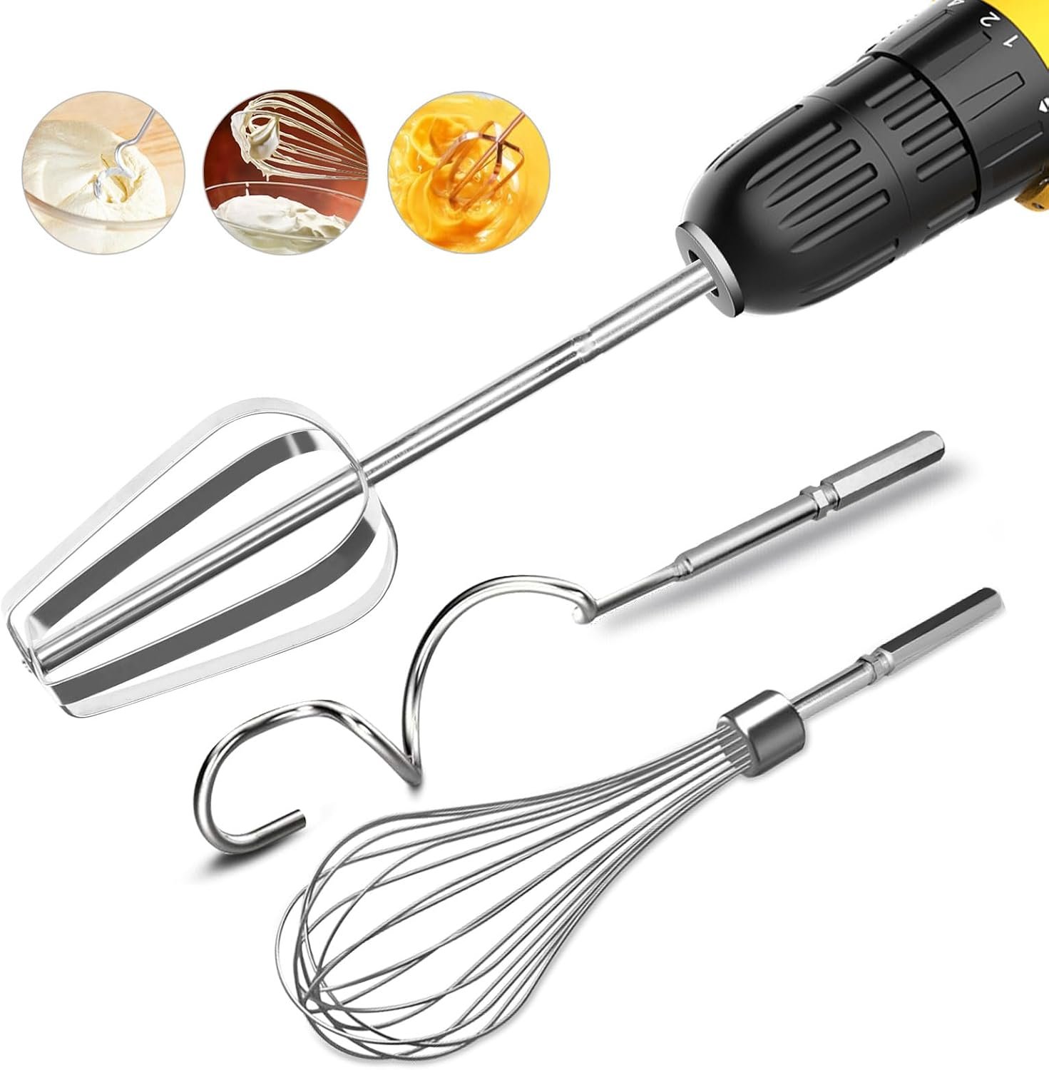 homicozy 3-Piece Stainless Steel Hand Mixer Attachment Set – Whisk, Dough Hook, Egg Beater for Drills – Dishwasher Safe, 7.5 Inch (Drill Not Included)