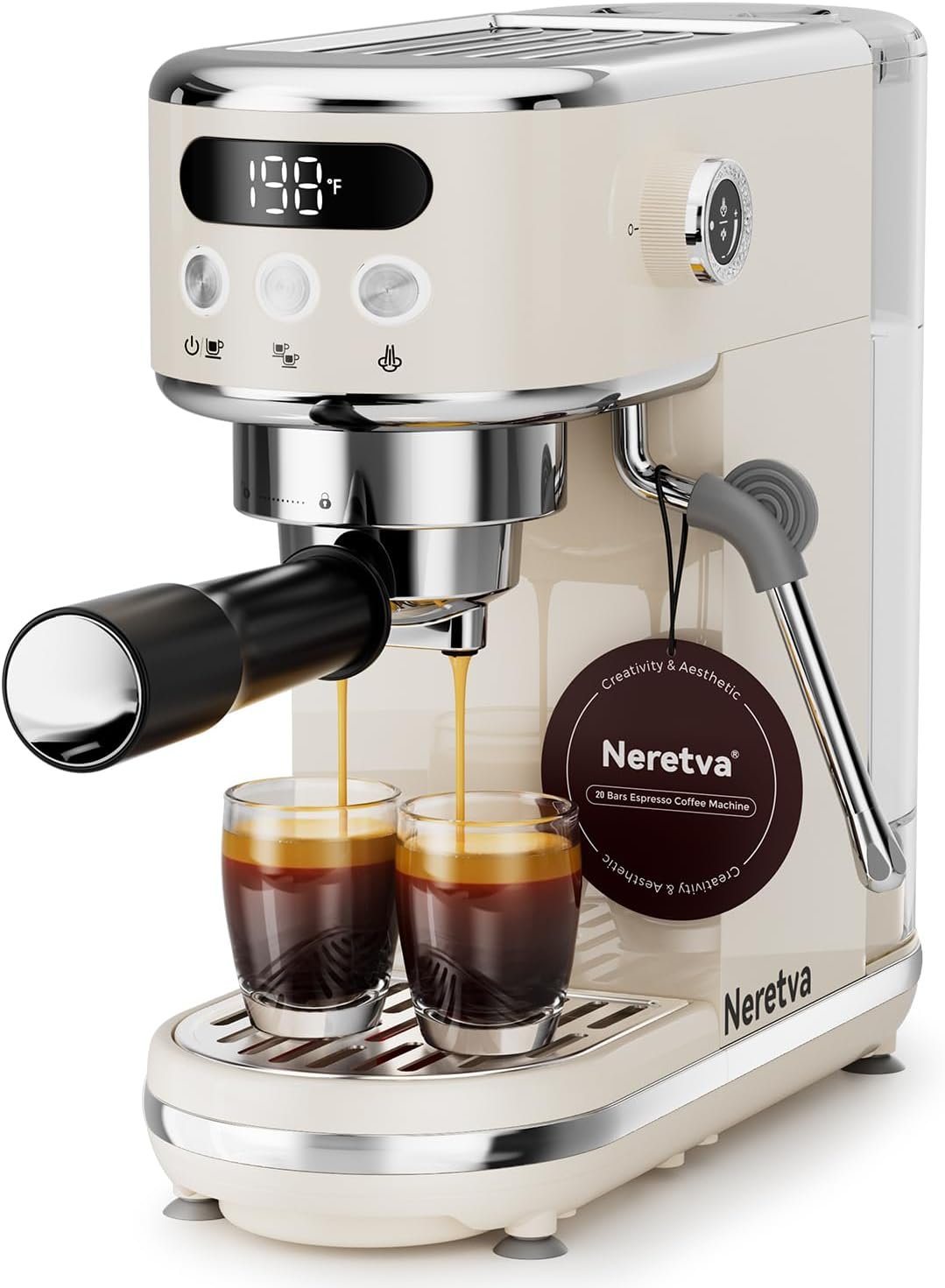 Neretva Espresso Machine 20 Bar Super Compact Espresso Coffee Machine-Beige | Professional Stainless Steel Espresso Maker with LED Display and Powerful Steam for Home Baristas to Make Latte, Cappuccino