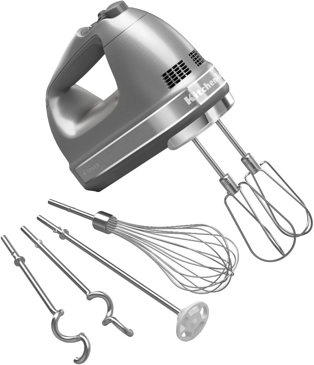 KitchenAid 9-Speed Digital Hand Mixer with Turbo Beater II Accessories and Pro Whisk – Contour Silver