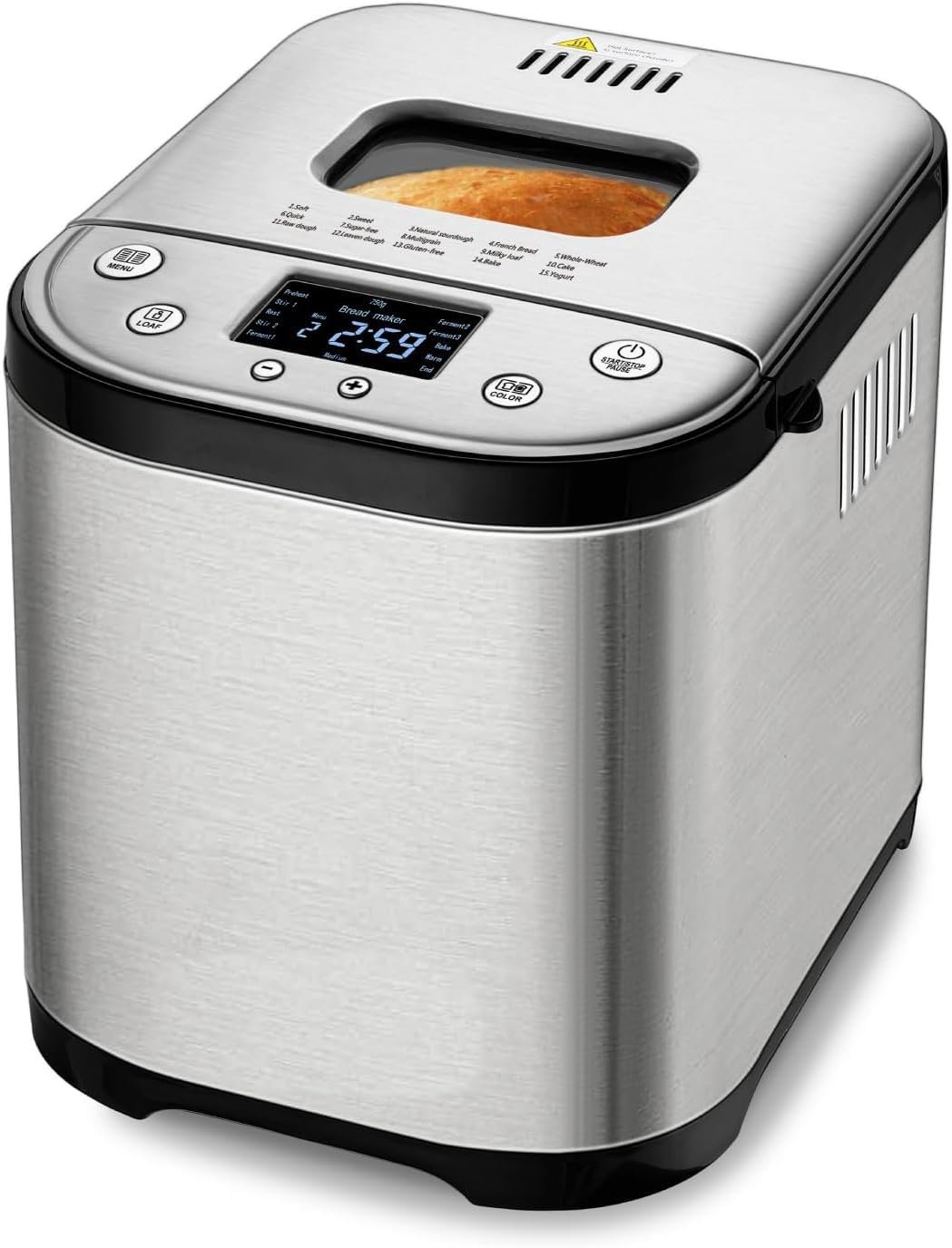 Bread Maker Machine with Gluten-Free Setting, 2LB 1.5LB 1LB Automatic Breadmaker with Homemade Cycle, 15-in-1 Stainless Steel Bread Maker