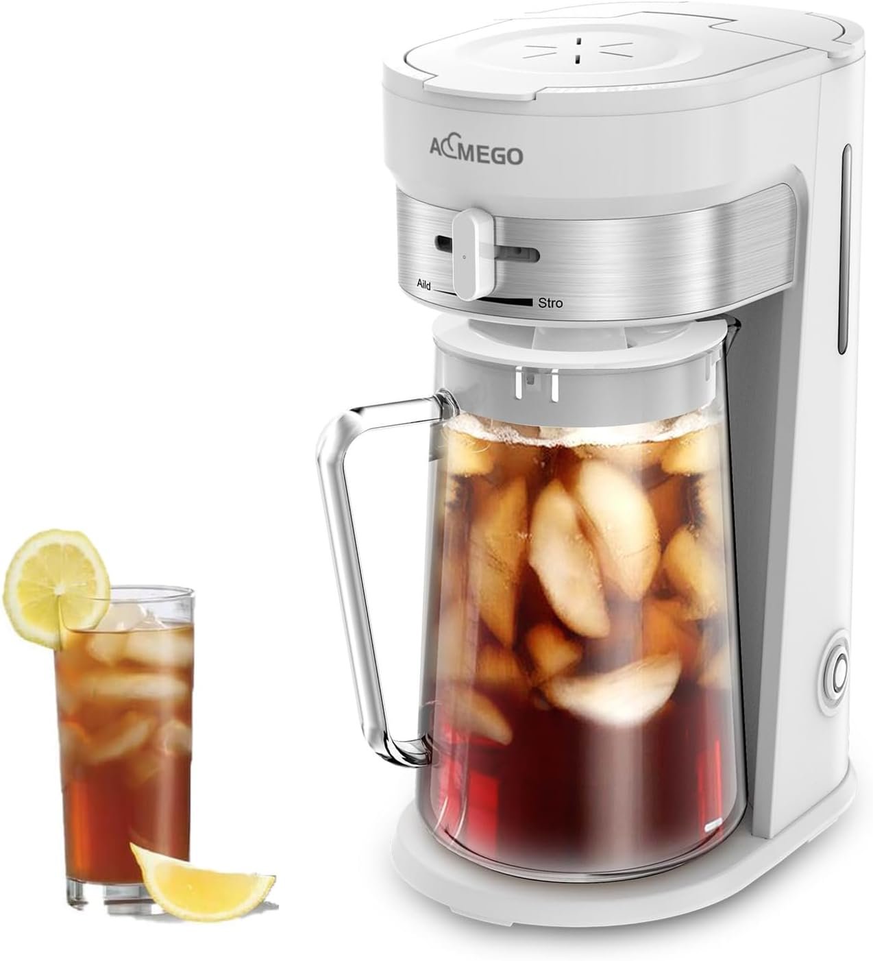 AEMEGO Iced Tea Coffee Maker, Brewing System with 2.5-quart Glass Pitcher, sliding strength selector, Stainless Steel Decoration, Reusable Filter（white）
