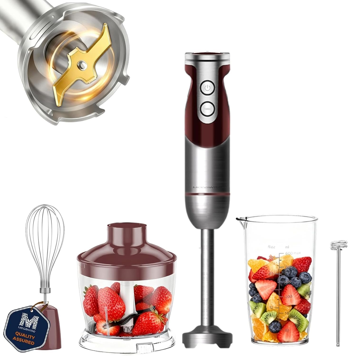 MegaWise 5-in-1 Immersion Hand Blender, Titanium Reinforced Blades (80% Sharper), 12-Speed Powerful Stick Blender with 500ml Chopper, 600ml Beaker, Whisk & Milk Frother for Smoothies, Baby Food & Soup
