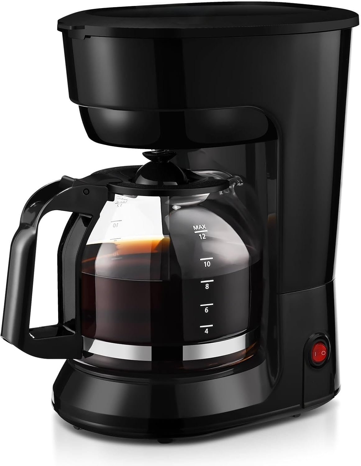 Black 12-cup drip coffee maker with programmable brew function for home and office use.