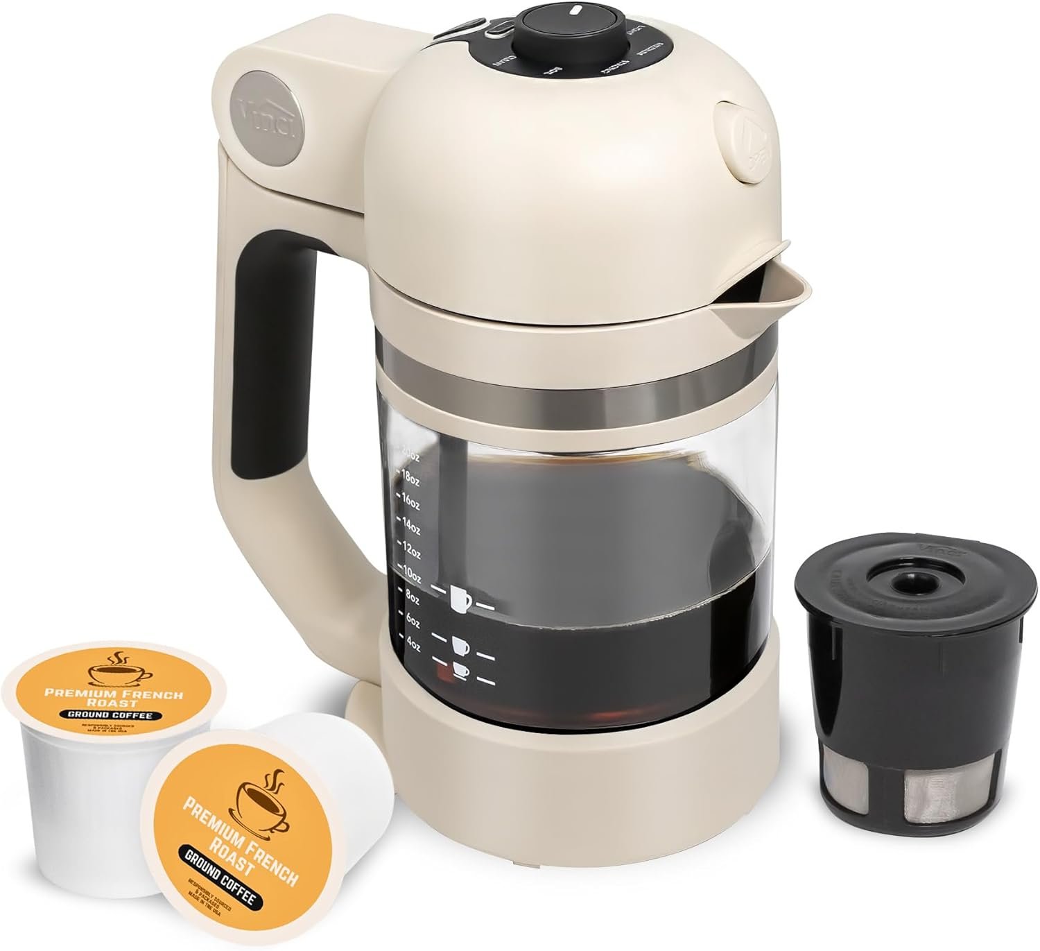 VINCI Micro Café Smallest Single-Serve Coffee Brewer | Compatible with Keurig K-Cups, K-Pods | Glass Carafe | Enclosed Brewing for Hotter Coffee | Large Capacity Reusable Filter Cup Included (White)