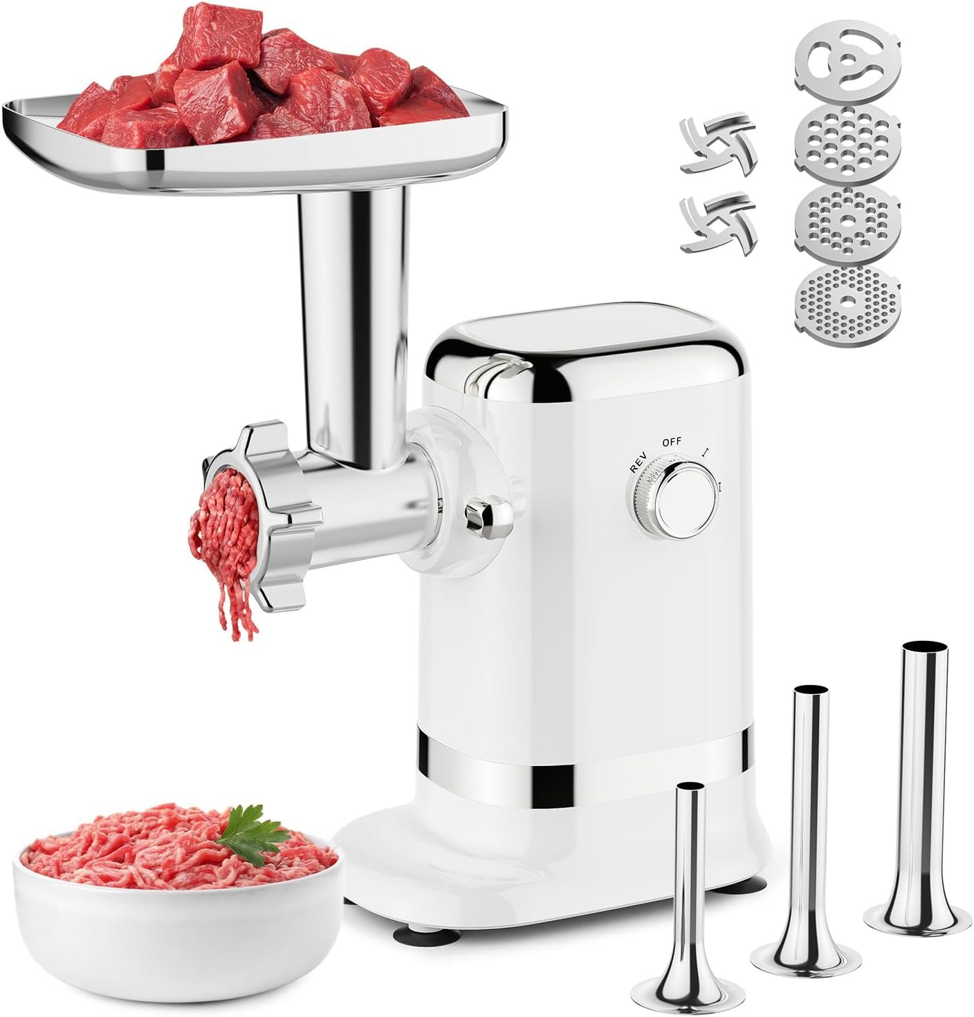 GVODE Meat Grinder, 2800W Peak Power Electric | 4 Grinding Plates, 3 Sausage Tubes, Stainless Steel, Home/Professional Use