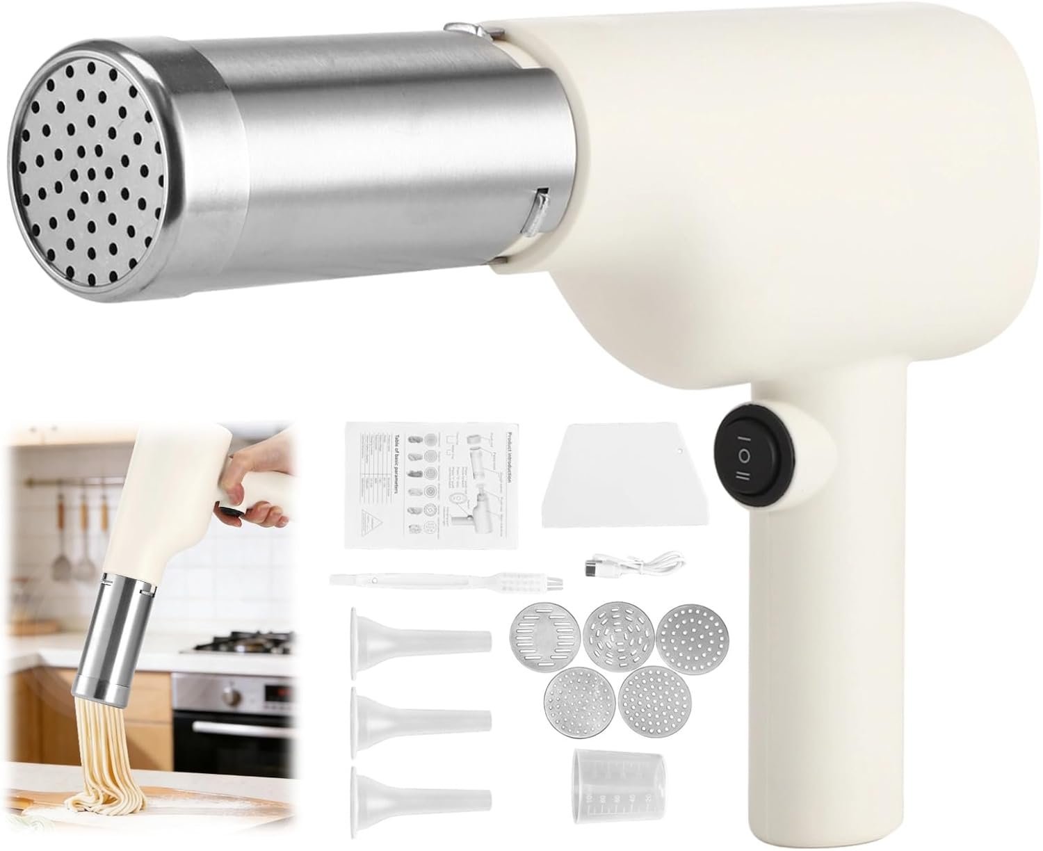 5-in-1 Automatic Electric Pasta Maker, Cordless Handheld Noodle Maker with 5 Shaping Discs & 3 Sausage Tubes, Rechargeable Pasta Machine for Home Kitchen Breakfast Store Restaurant