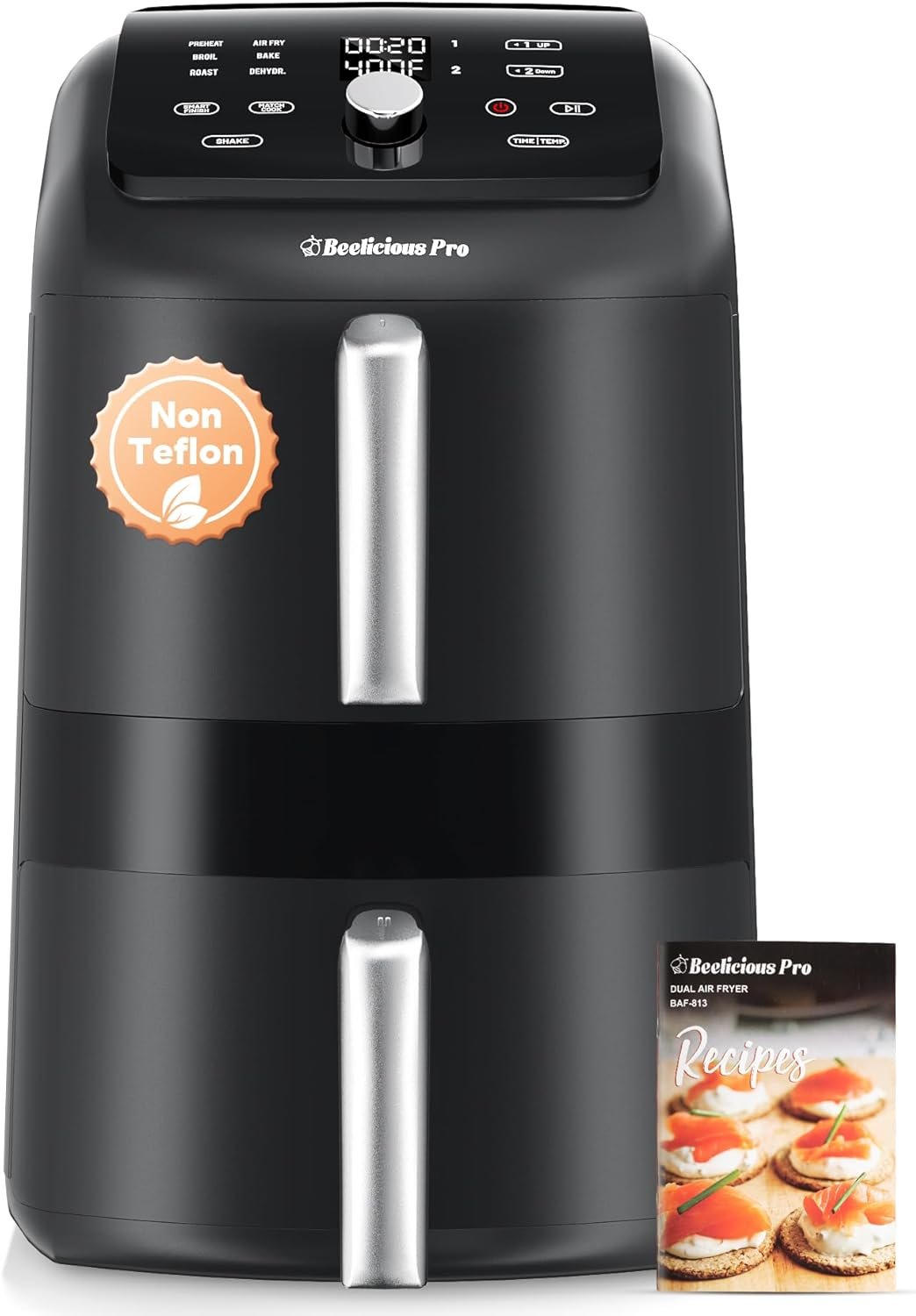 12QT Large Double Air Fryer, Family-Size Dual Airfryer with 2 Baskets, SyncHeat Even Heating, Stacked Compact Design, Smart Finish & Match Cook, PFAS-Free Nonstick, Dishwasher-Safe, Ash Black