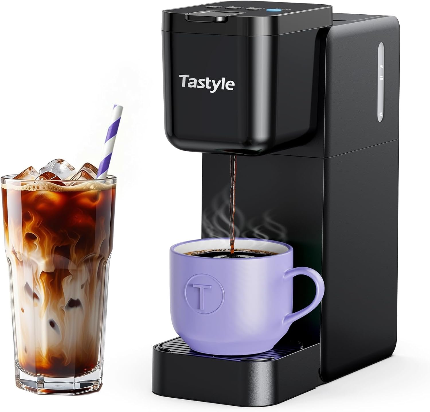 Tastyle Single Serve Coffee Maker Hot and Iced with Bold Brew, Small Coffee Machine for K Cup and Ground, Fits 7.3” Travel Mug, Brews up to 16 Oz, 5 Cup Sizes, for Office, RV& Hotel, Elegant Black