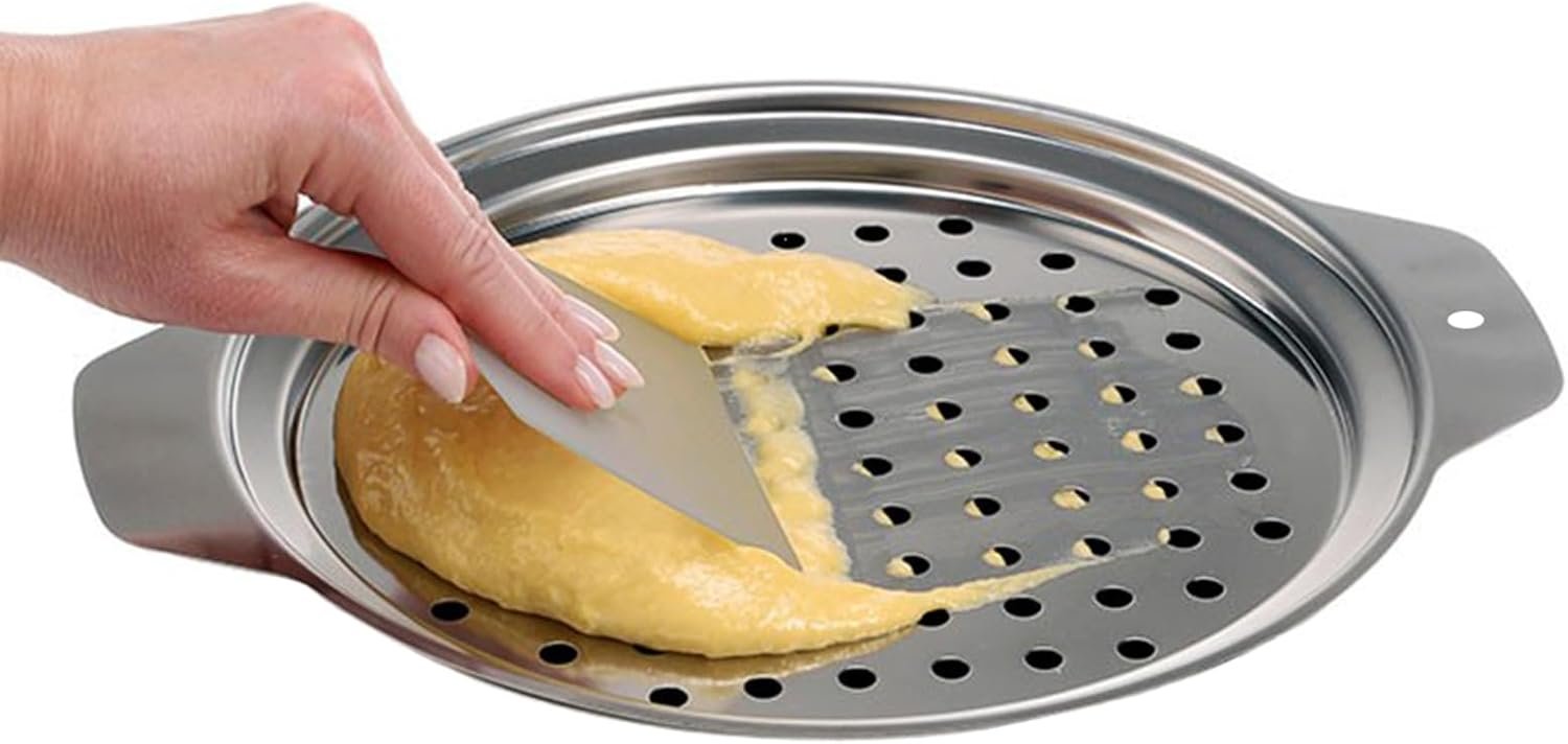 KEISSCO Stainless Steel Spaetzle Maker Lid with Scraper Traditional German Egg Noodle Maker Pan Pot Spaghetti Strainer