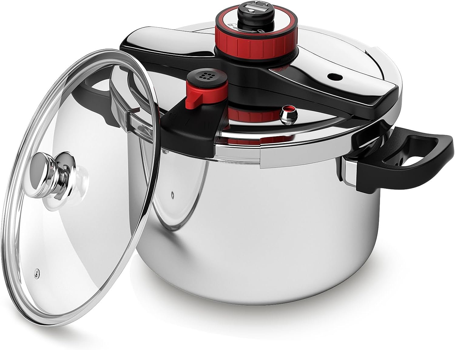 BreeRainz 304 Stainless Steel Pressure Cooker 8.45QT | 3-Stage PSI Settings,One-Hand Locking,Pressure Pot with Extra Glass Lid, Timer,Steaming Rack,Induction Compatible