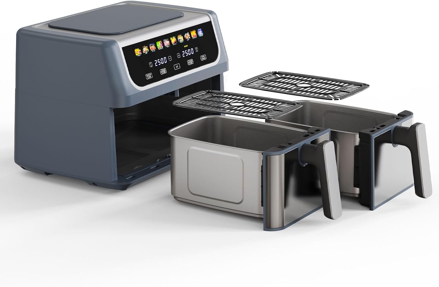 NEWBULIG Dual Air Fryer with 2 Baskets 9.5 QT, 10 in 1 Large Air Fryers with Ceramic Crisper Plate, Match Cook, Sync Finish, Shake Reminder, 80-450°F Wide Temp, Roast, Defrost, Dehydrate, Bake, Grey