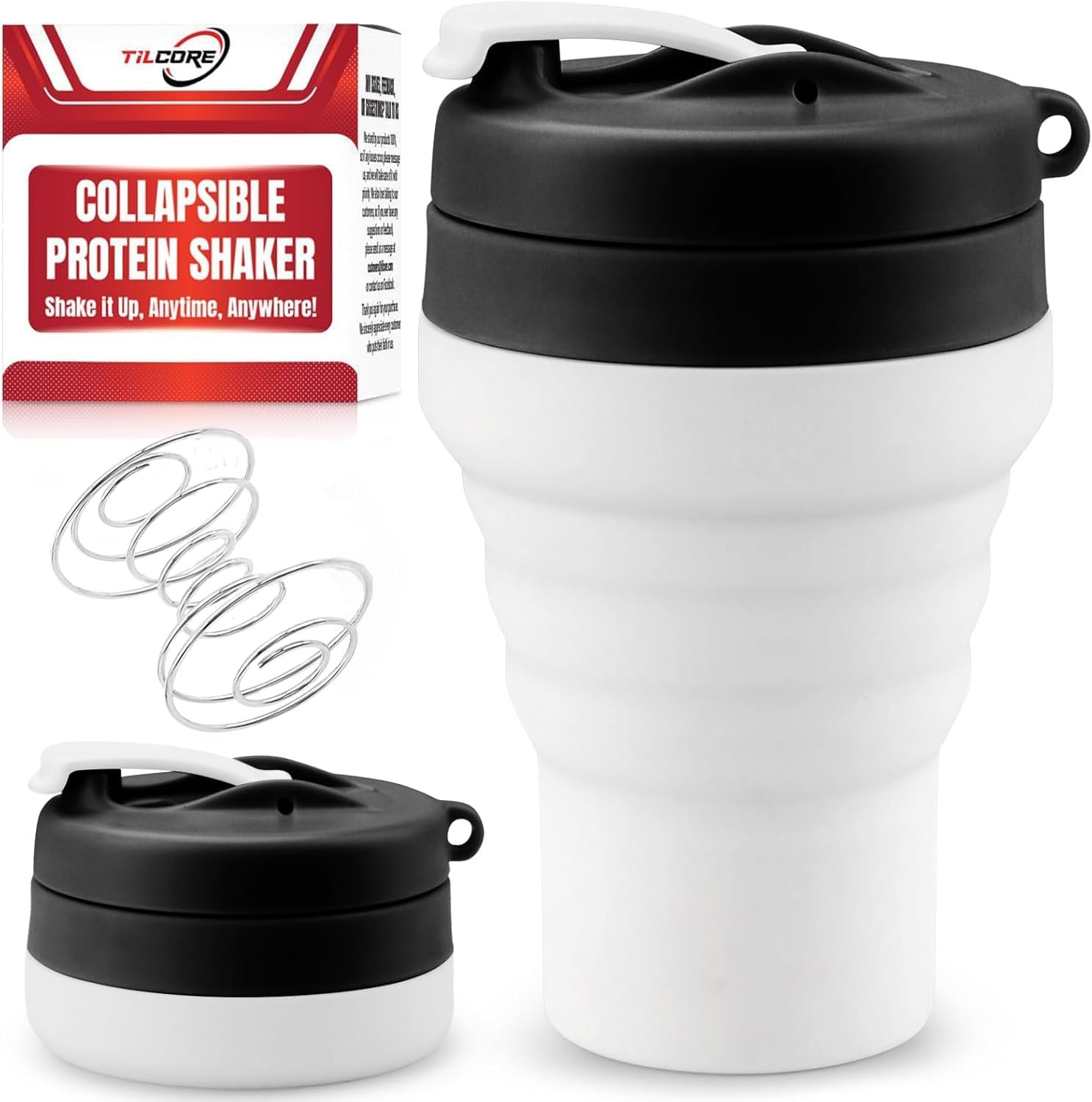 Protein Shaker Bottle Collapsible – Food-Grade, Leakproof Lid 600mL/20oz Shaker – Reusable Silicone Shaker Cups for Protein Shakes for Gym-goers & Travelers