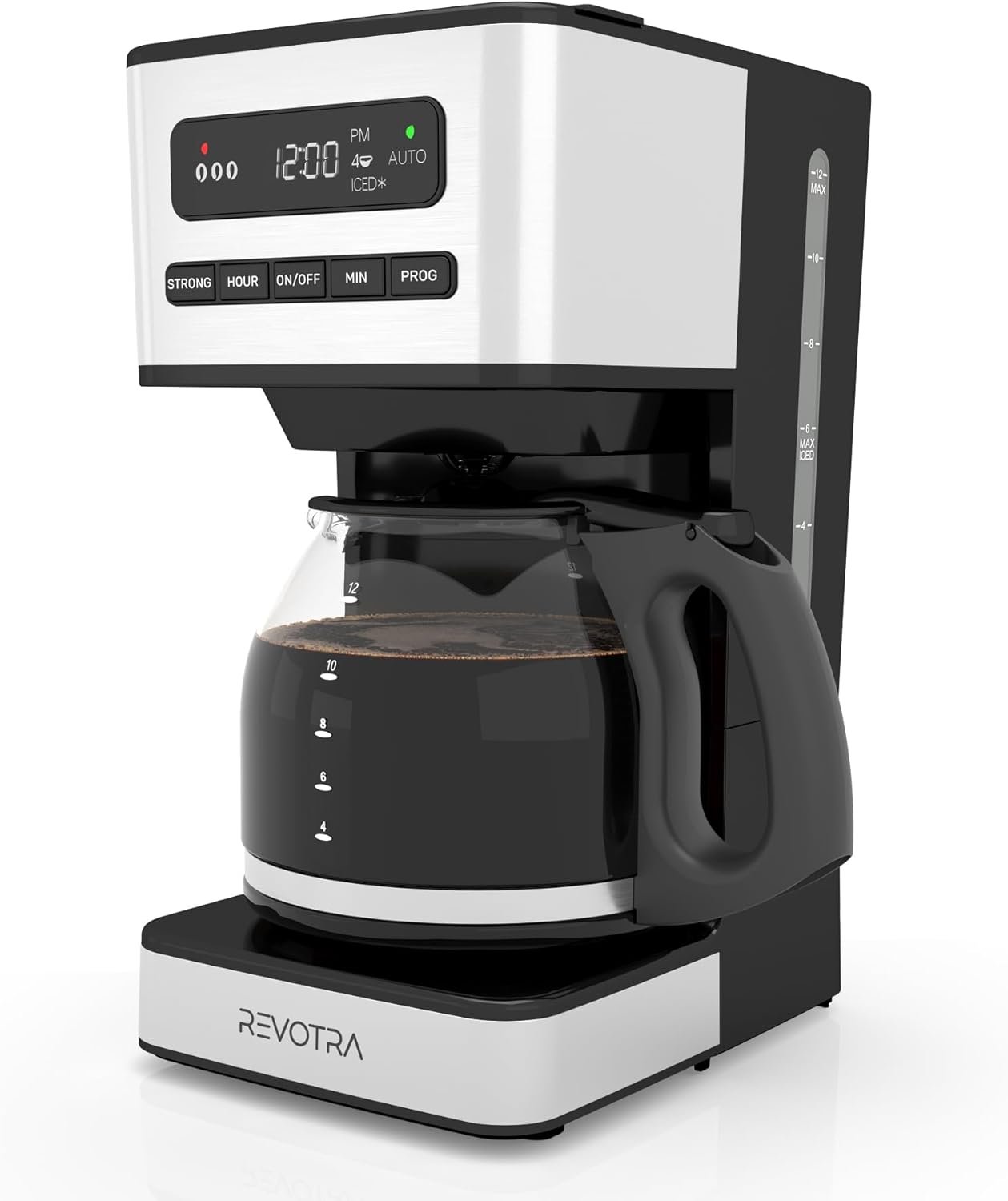 REVOTRA 12 Cup Programmable Coffee Maker, Hot and Iced Coffee Makers, Regular & Strong Brew Drip Coffee Machine, 1-4 Cup, 24H Timer, Auto Shut-Off, Keep Warm, Pause & Serve