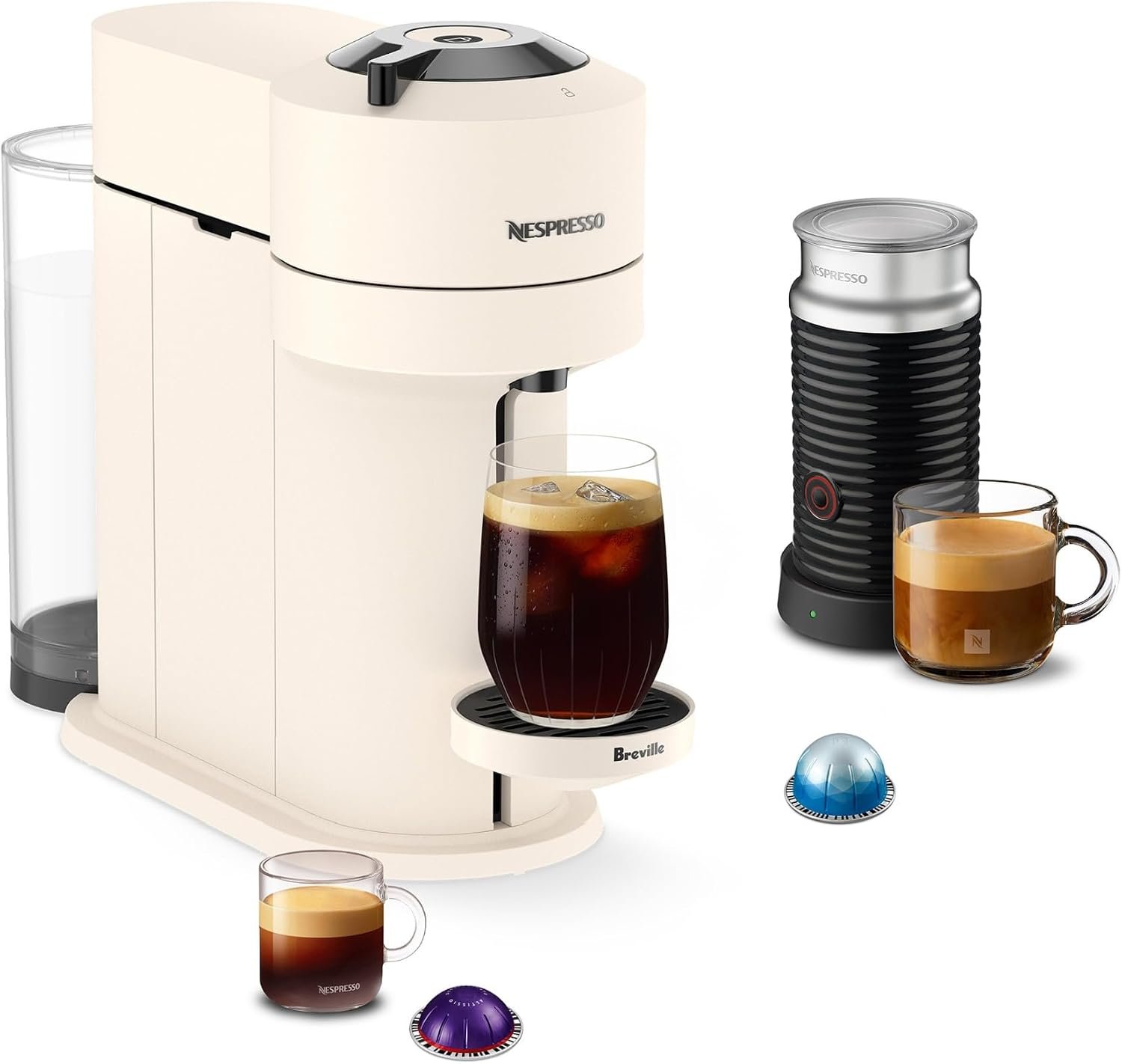 Nespresso Vertuo Next Premium Coffee and Espresso Maker by Breville with Aeroccino Milk Frother, Creamy White Dark Chrome
