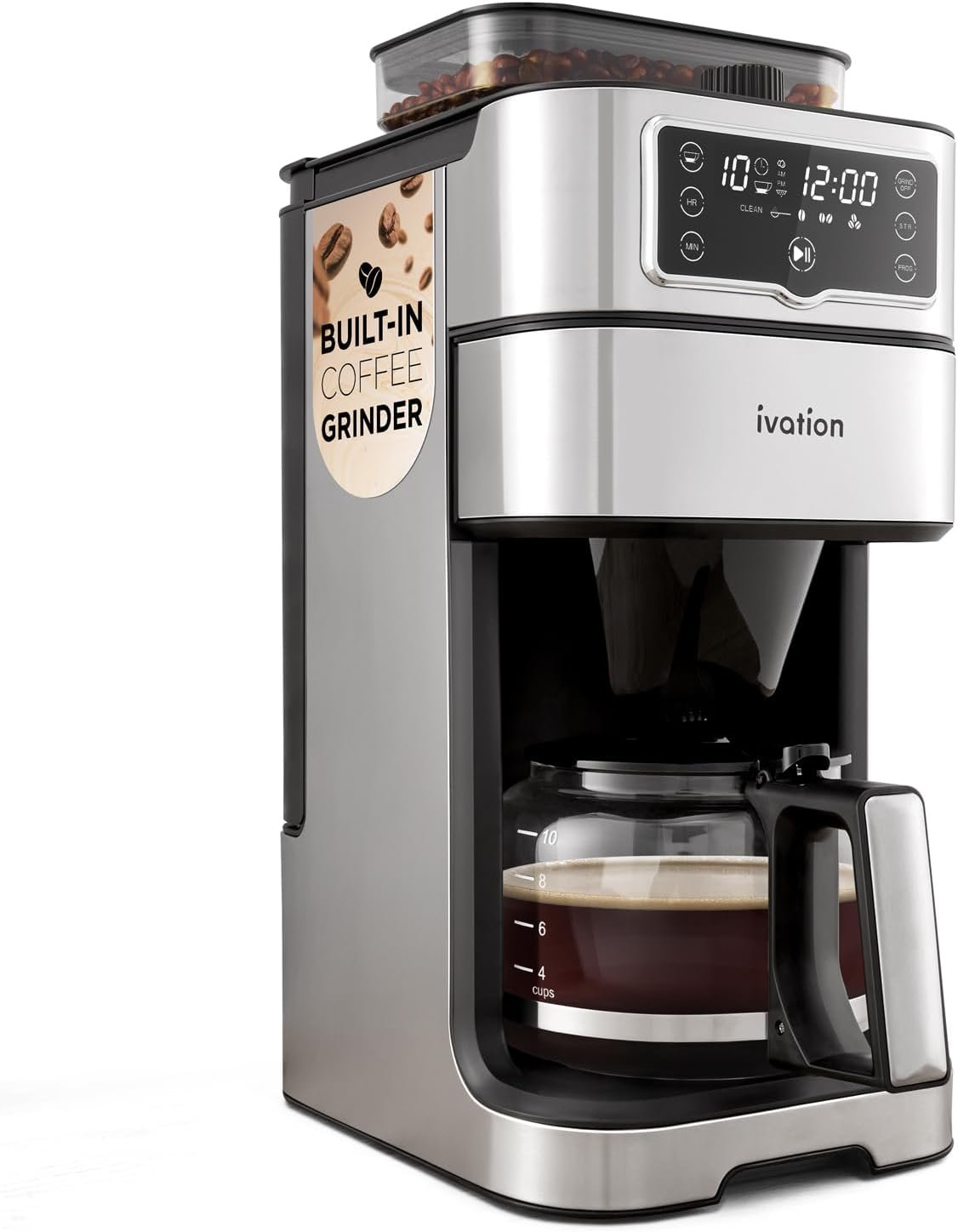 Ivation 2-in-1 Drip Coffee Maker & Grinder – Programmable Auto Brew & Timer – Warming Plate – 10 Cup – Reusable Filter Basket – 1.5L Water Tank – 1000W – Pause and Pour