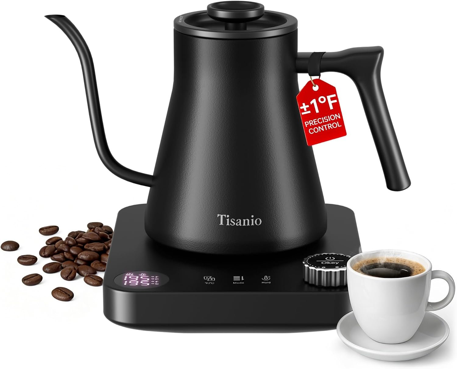 Gooseneck Electric Kettle for Pour Over Coffee, ±1°F Precision Control, Smart Two-Stage Heating, 2-Hour Keep Warm, 0.9L Stainless Steel Electric Kettle, Black