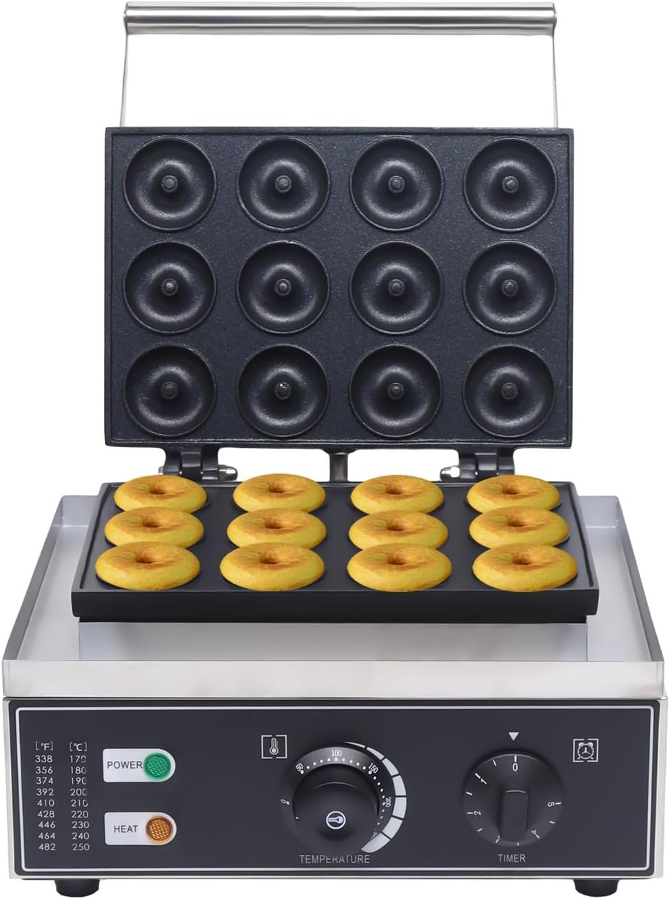 Electric Donut Maker 1550W Commercial Electric Doughnut Donut Machine, Double-Sided Heating Non-Stick Surface Waffle Machine 122-572℉ Temperature Adjustable for Restaurant and Home (12 Holes)