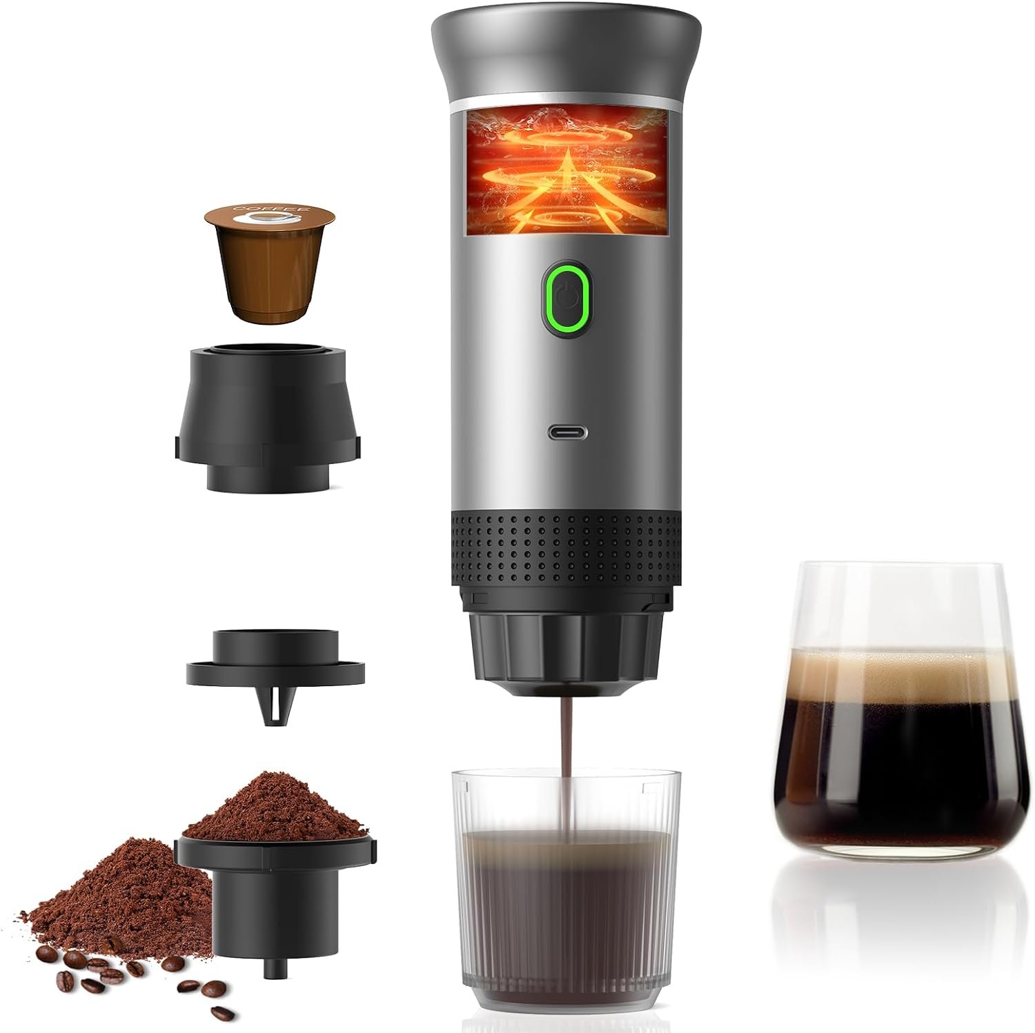 Portable Espresso Machine for Travel, Travel Coffee Maker 20-Bar Extraction, 150 ML，Coffee Maker Self-Heating with USB-C, Compatible with Ground Coffee & NS Capsule for Hiking and Camping (Green)