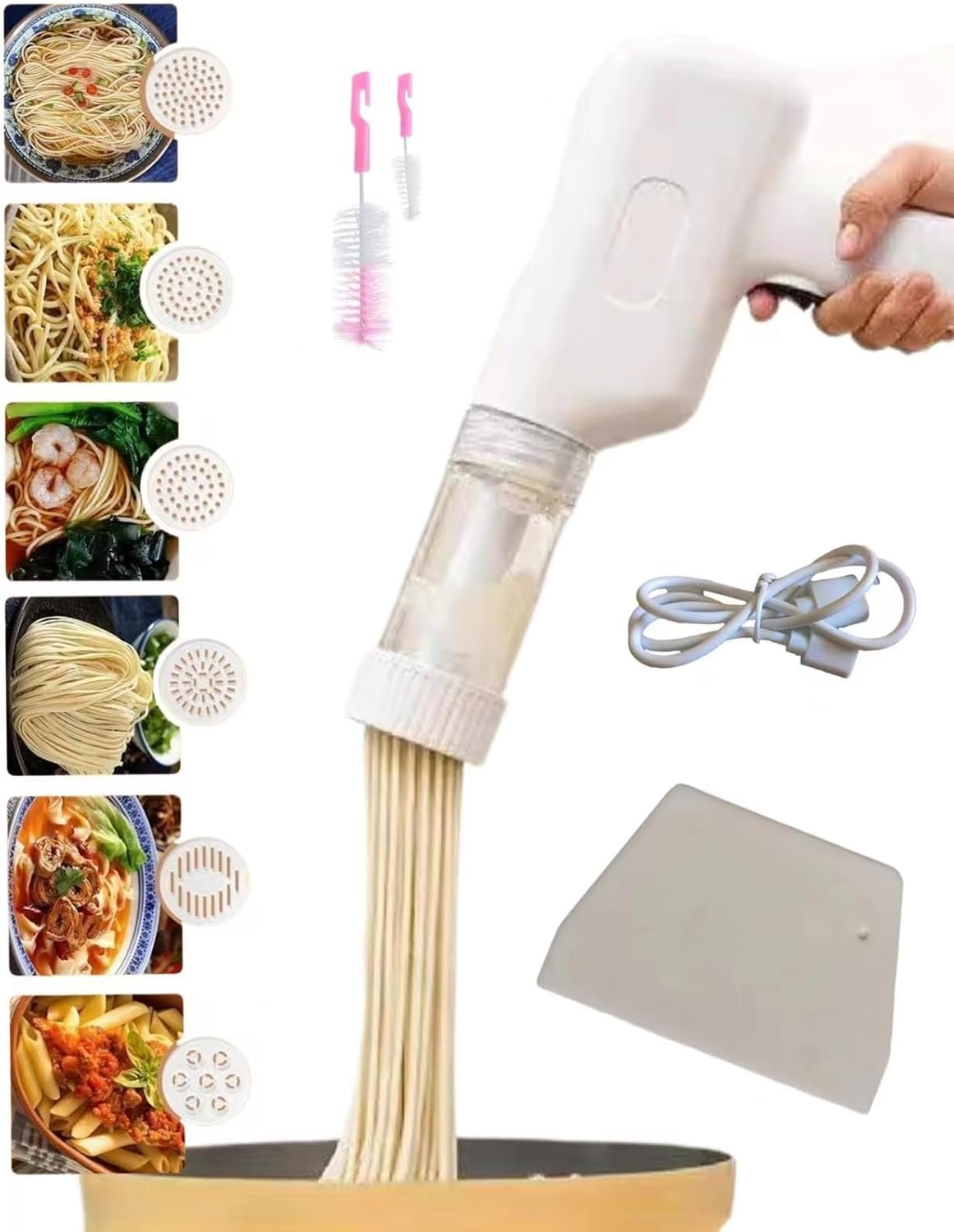 Handheld Electric Noodle Machine, Portable Italian Noodle Making Machine With Mold And Cutting Tools, 6-In-1 Cordless Noodle Machine, Automatic Dough Pressing Machine With Cleaning Brush – White