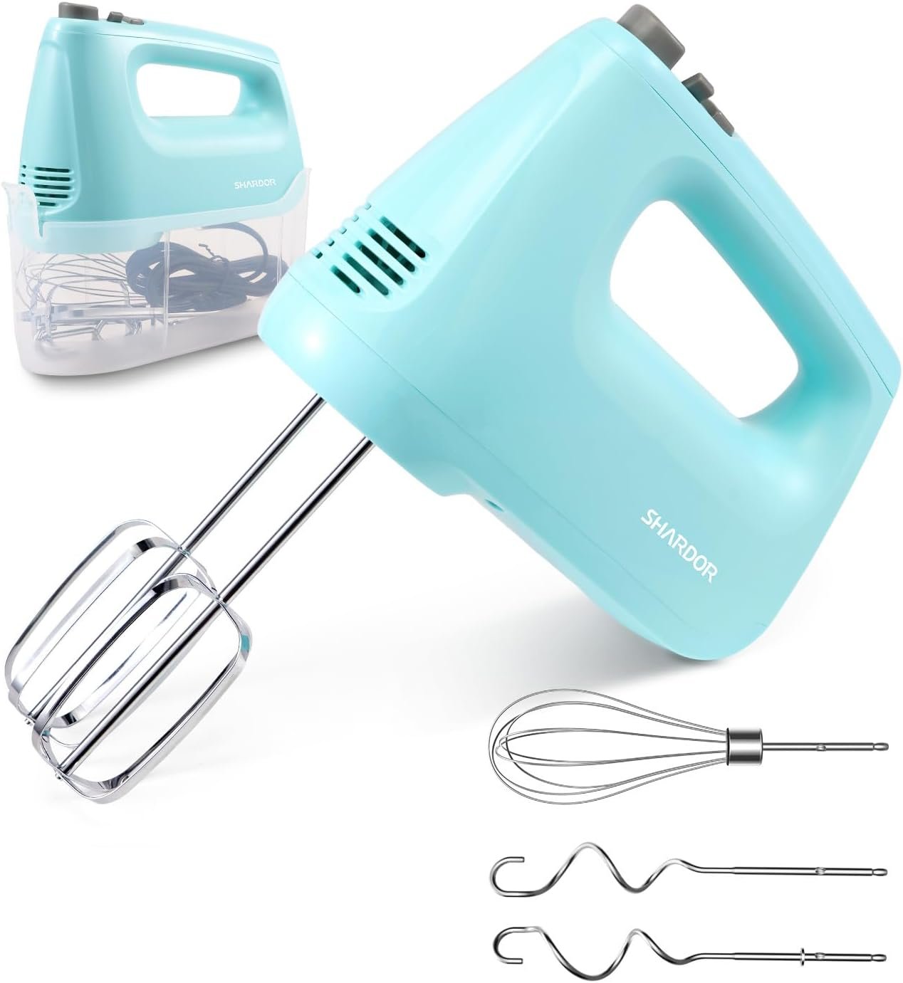 SHARDOR Hand Mixer Electric, 6 Speed & Turbo Mixer Electric Handheld, Snap-On Storage Case,5 Stainless Steel Accessories for Whipping, Mixing Cookies, Brownie, Cakes, Dough Batters (Blue)