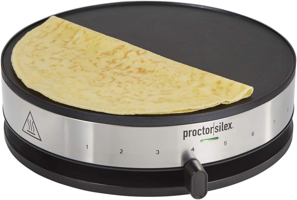 Proctor Silex Electric Crepe Maker with 13” PFAS-Free Nonstick Griddle for Eggs, Pancakes, Omelets and Quesadillas, with Temperature Control, Spatula, Spreader, Batter Cup, Stainless Steel (38400MN)