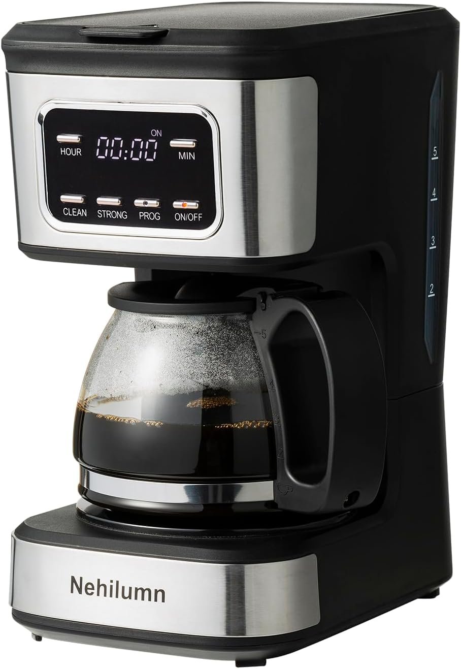 5-Cup Programmable Coffee Maker – Reusable Filter, Clear Water Level Indicator, Auto Shut- Off, Black &Stainless Steel Coffee Pot