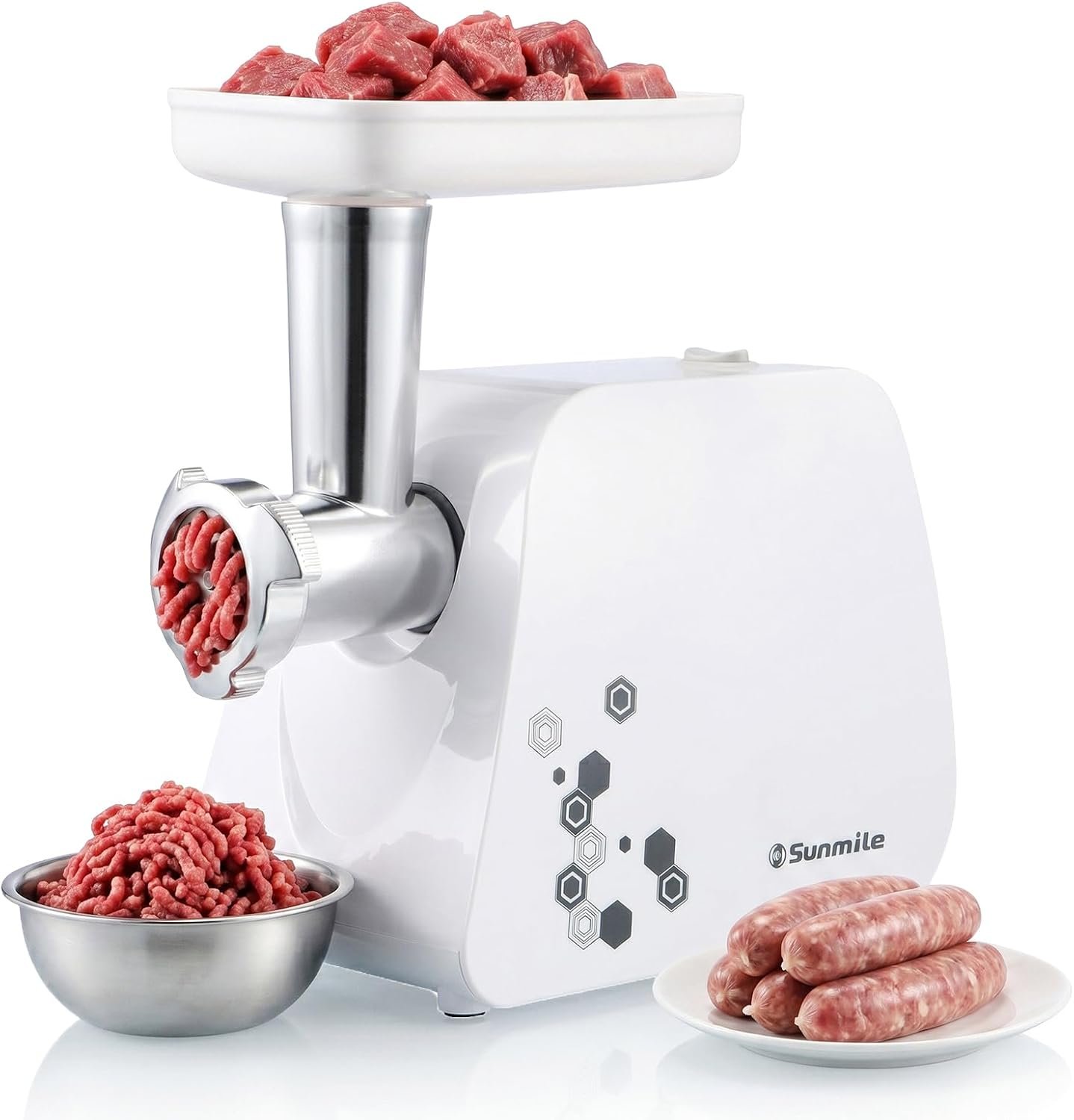 Sunmile Electric Meat Grinder and Sausage Maker – 1HP 1000W Max – Stainless Steel Cutting Blade and 3 Grinding Plates,1 Big Sausage Staff Maker, White