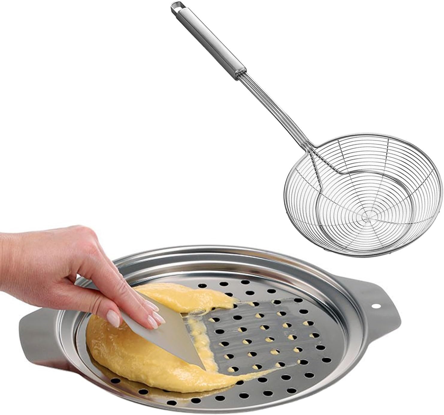 Stainless Steel Spaetzle Maker Lid with Scraper – Stainless Steel Spider Strainer Skimmer Spoon Pasta Spoon, Traditional German Egg Noodle Maker Set Pan Pot Spaghetti Strainer