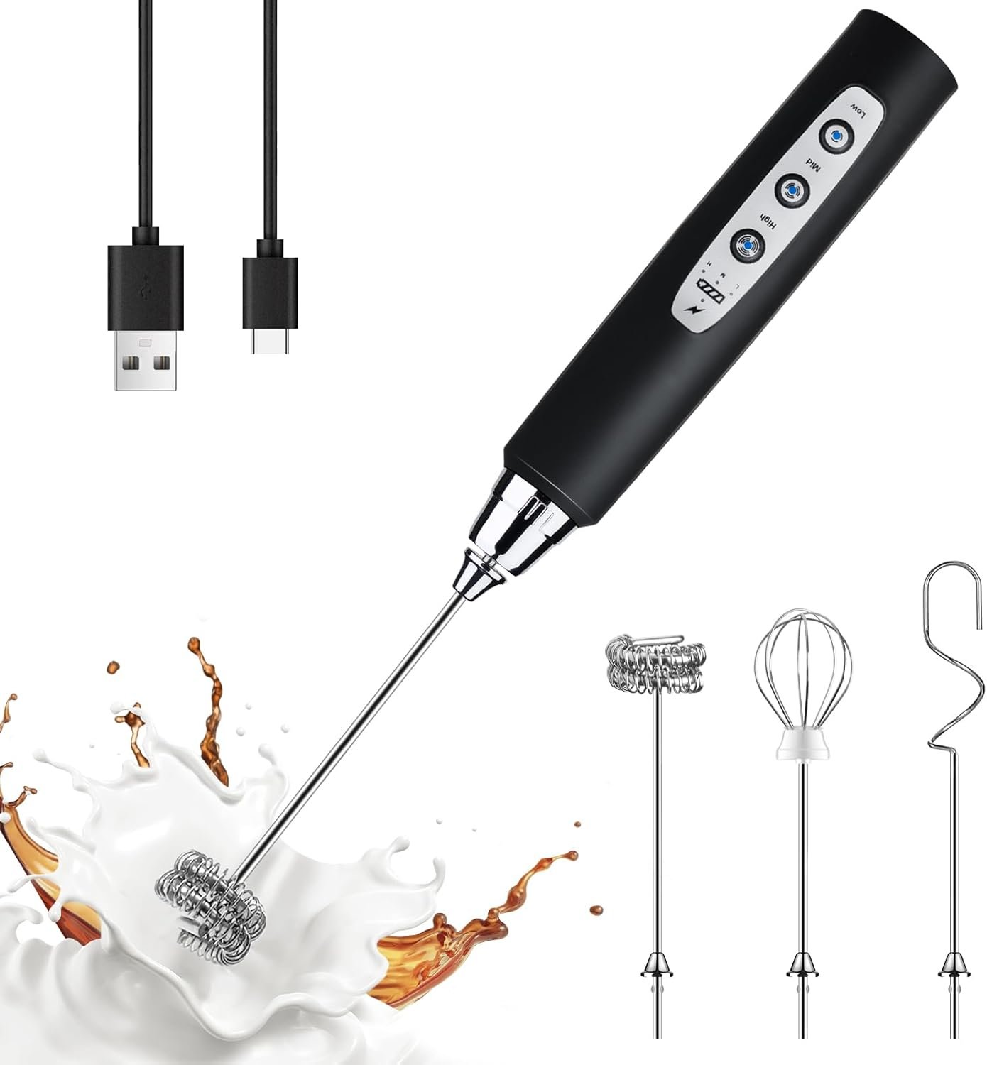 YUSWKO Black Handheld Milk Frother Wand for Coffee, Rechargeable Electric Whisk with 3 Heads 3 Speeds Drink Mixer Coffee Frother For Latte, Cappuccino, Hot Chocolate, Egg